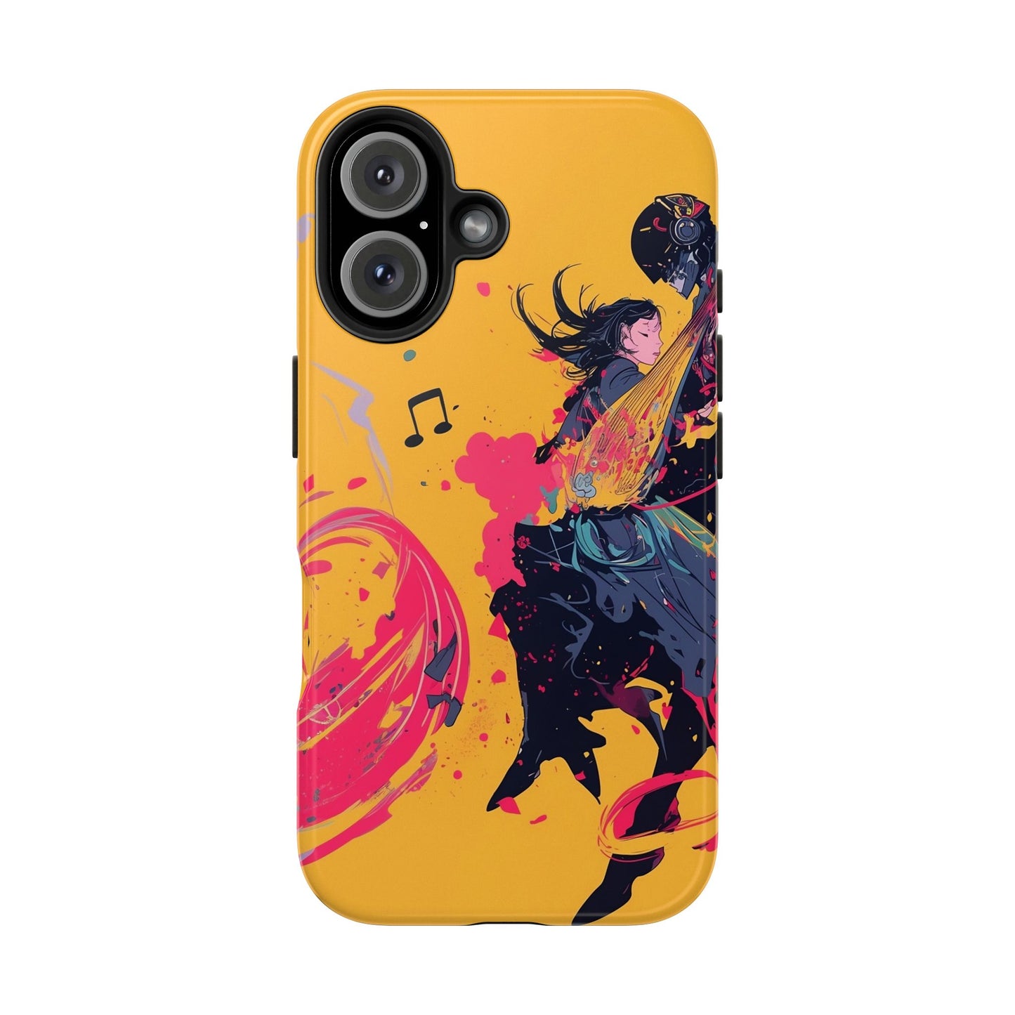 Japan designed music warrior phone case dynamic art perfect kids gift vivid yellow background cool splatter effects anime warrior vibrant musical notes colorful creative phone cover ideal for young music fans