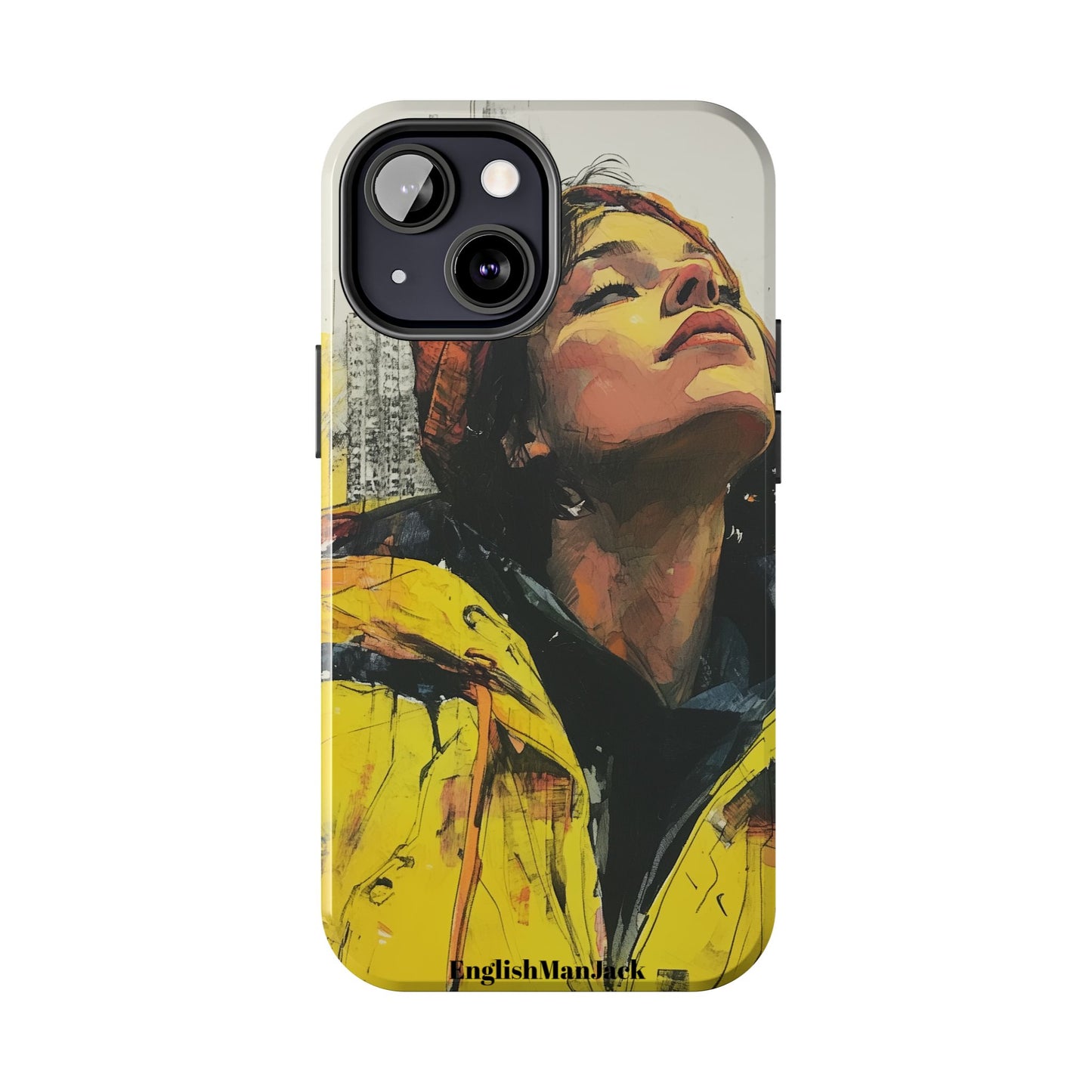 Urban style phone case young dreamer design perfect youth gift vibrant yellow jacket artistic city background inspirational street art cover modern urban explorer great for young adults trendy city life phone case emotional portrait cover