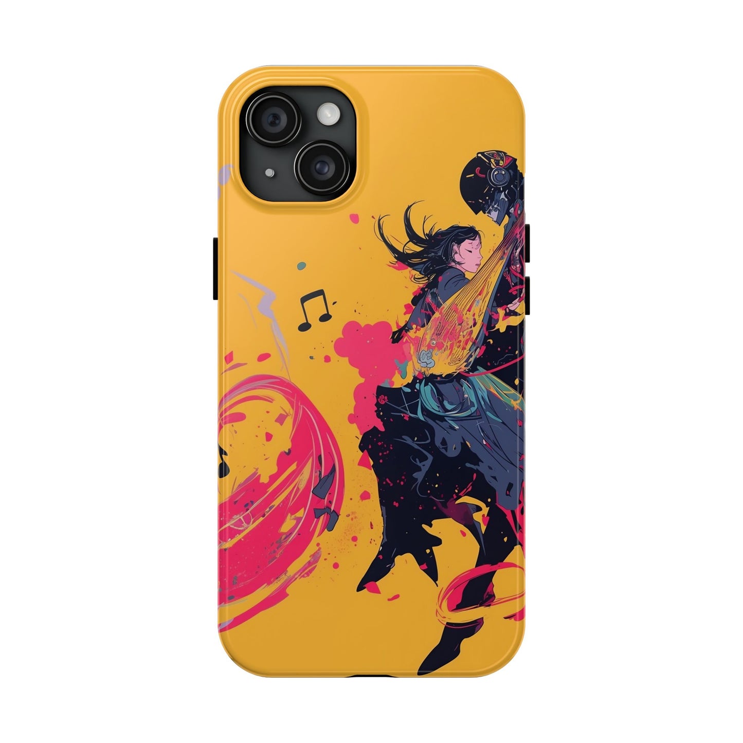 Japan designed music warrior phone case dynamic art perfect kids gift vivid yellow background cool splatter effects anime warrior vibrant musical notes colorful creative phone cover ideal for young music fans