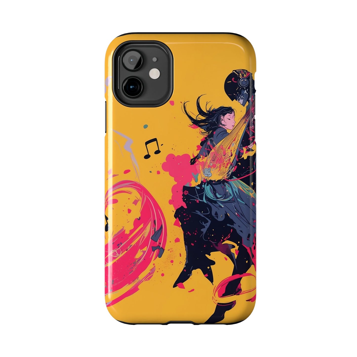 Japan designed music warrior phone case dynamic art perfect kids gift vivid yellow background cool splatter effects anime warrior vibrant musical notes colorful creative phone cover ideal for young music fans