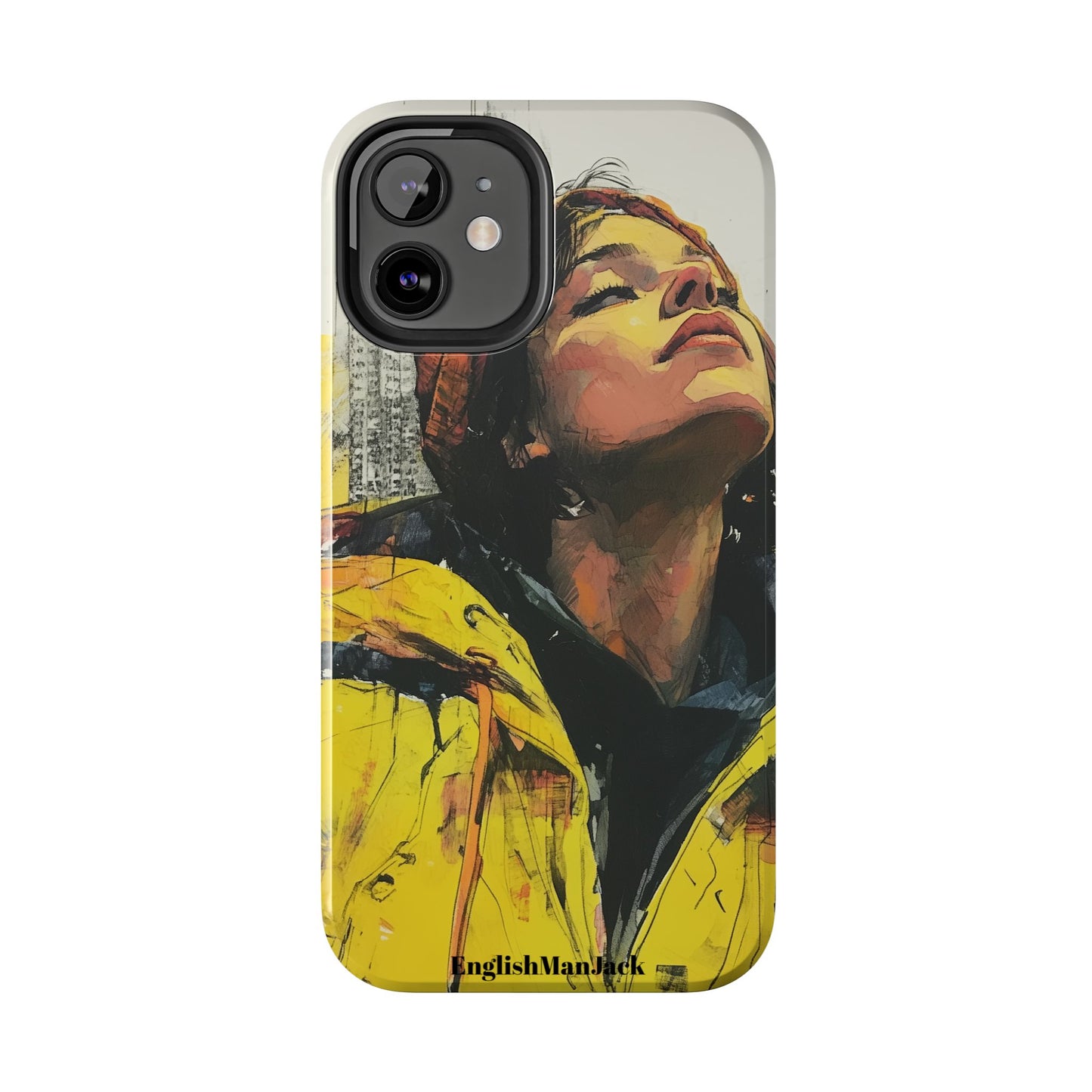 Urban style phone case young dreamer design perfect youth gift vibrant yellow jacket artistic city background inspirational street art cover modern urban explorer great for young adults trendy city life phone case emotional portrait cover