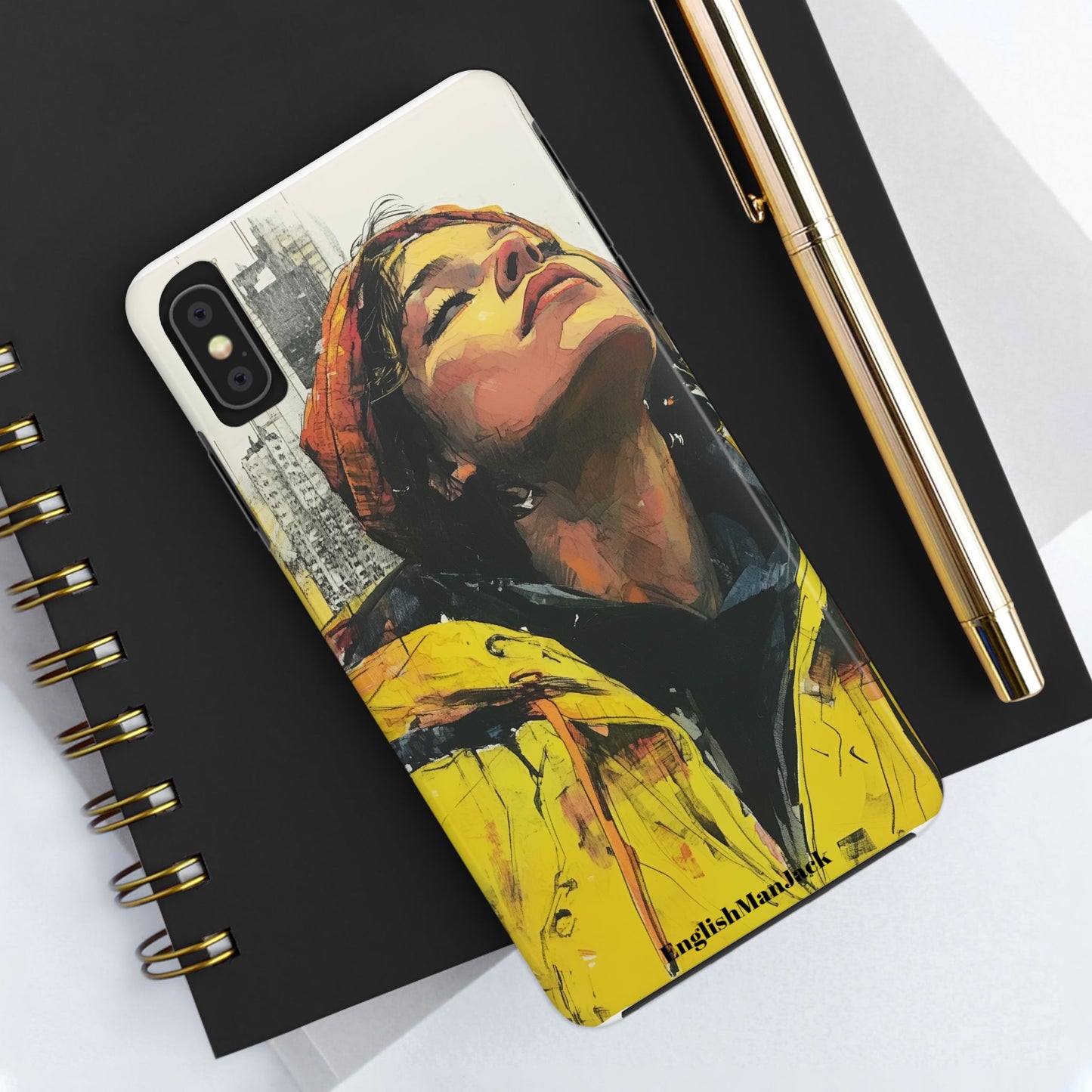 Urban style phone case young dreamer design perfect youth gift vibrant yellow jacket artistic city background inspirational street art cover modern urban explorer great for young adults trendy city life phone case emotional portrait cover