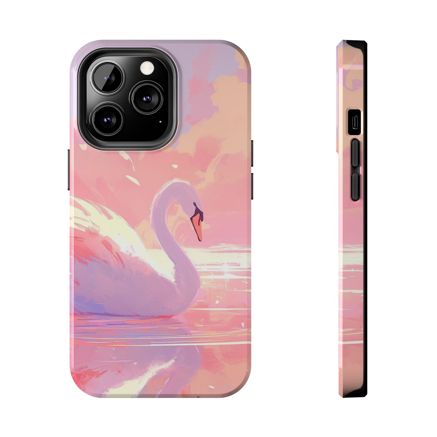 Swan lake phone case perfect kids gift pink swan art dreamy water scene cool animal cover vibrant easy fit colorful swan design smooth reflection unique protector peaceful lake image perfect children's gift vibrant art cover gift for kids easy phone case