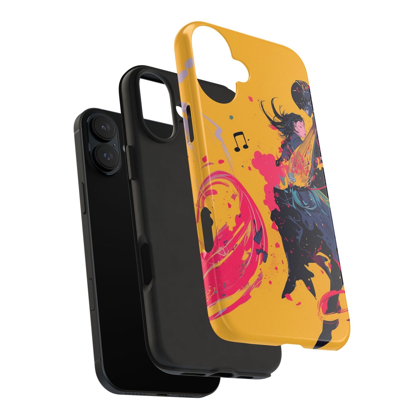 Japan designed music warrior phone case dynamic art perfect kids gift vivid yellow background cool splatter effects anime warrior vibrant musical notes colorful creative phone cover ideal for young music fans