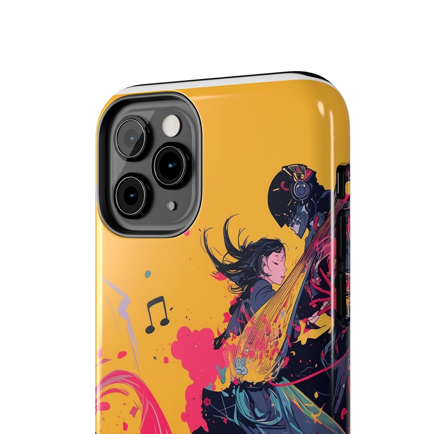 Japan designed music warrior phone case dynamic art perfect kids gift vivid yellow background cool splatter effects anime warrior vibrant musical notes colorful creative phone cover ideal for young music fans