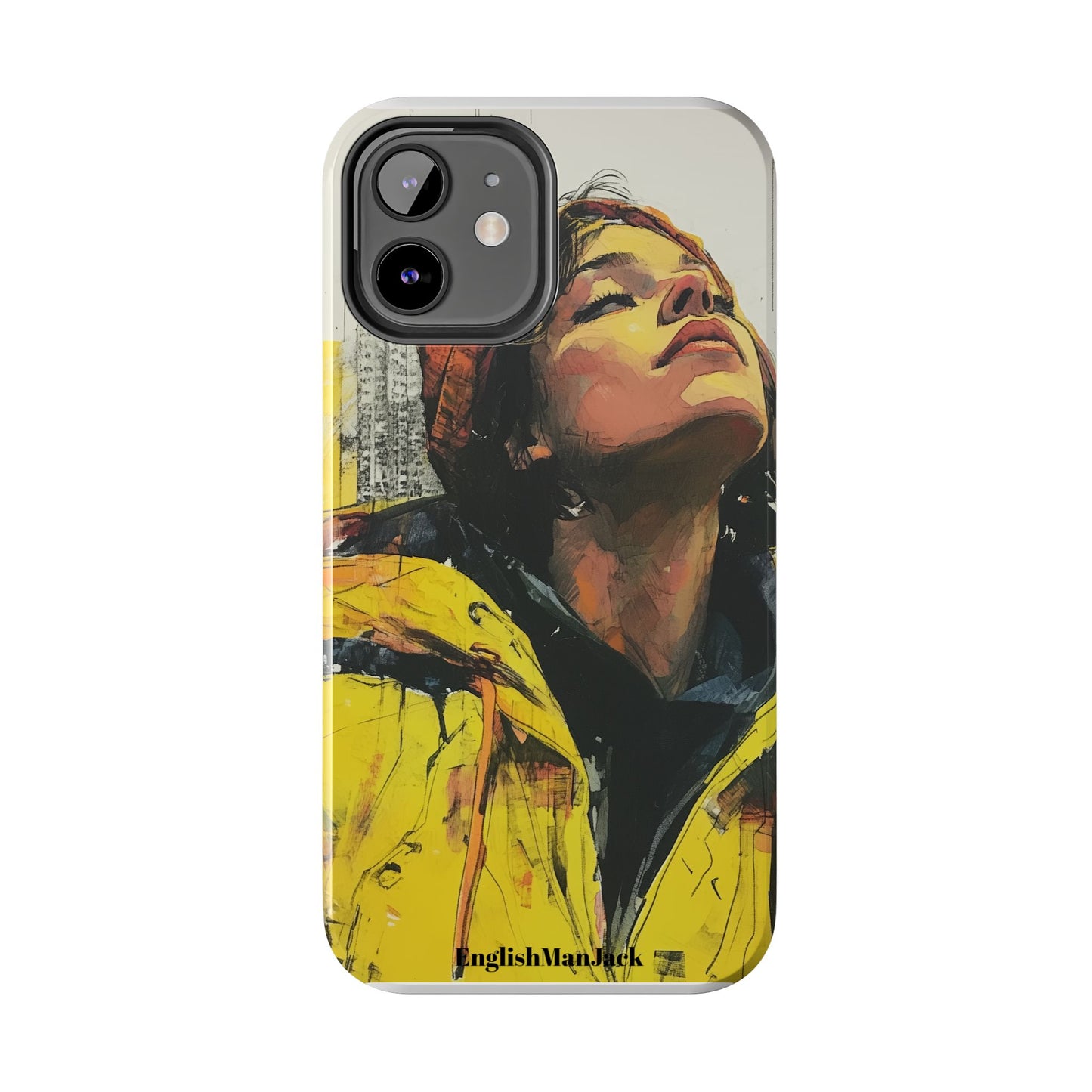 Urban style phone case young dreamer design perfect youth gift vibrant yellow jacket artistic city background inspirational street art cover modern urban explorer great for young adults trendy city life phone case emotional portrait cover