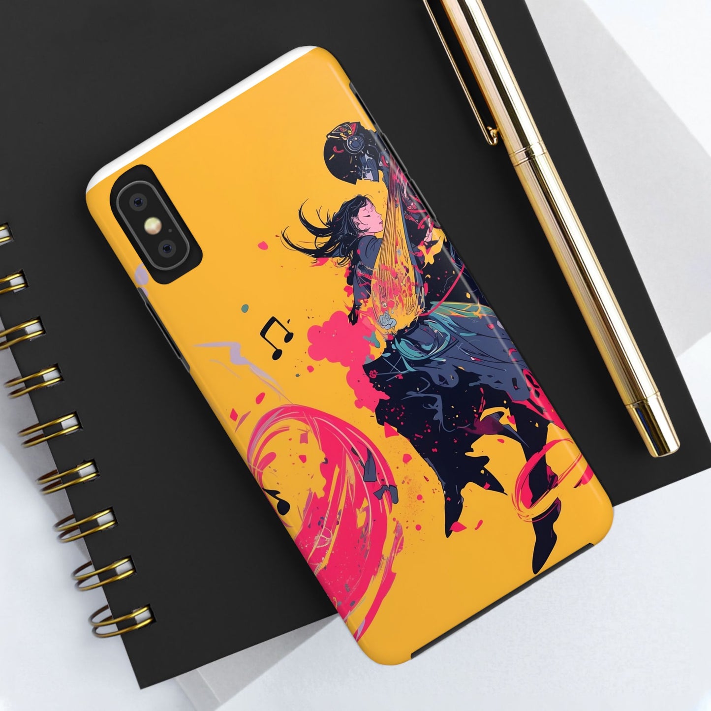 Japan designed music warrior phone case dynamic art perfect kids gift vivid yellow background cool splatter effects anime warrior vibrant musical notes colorful creative phone cover ideal for young music fans