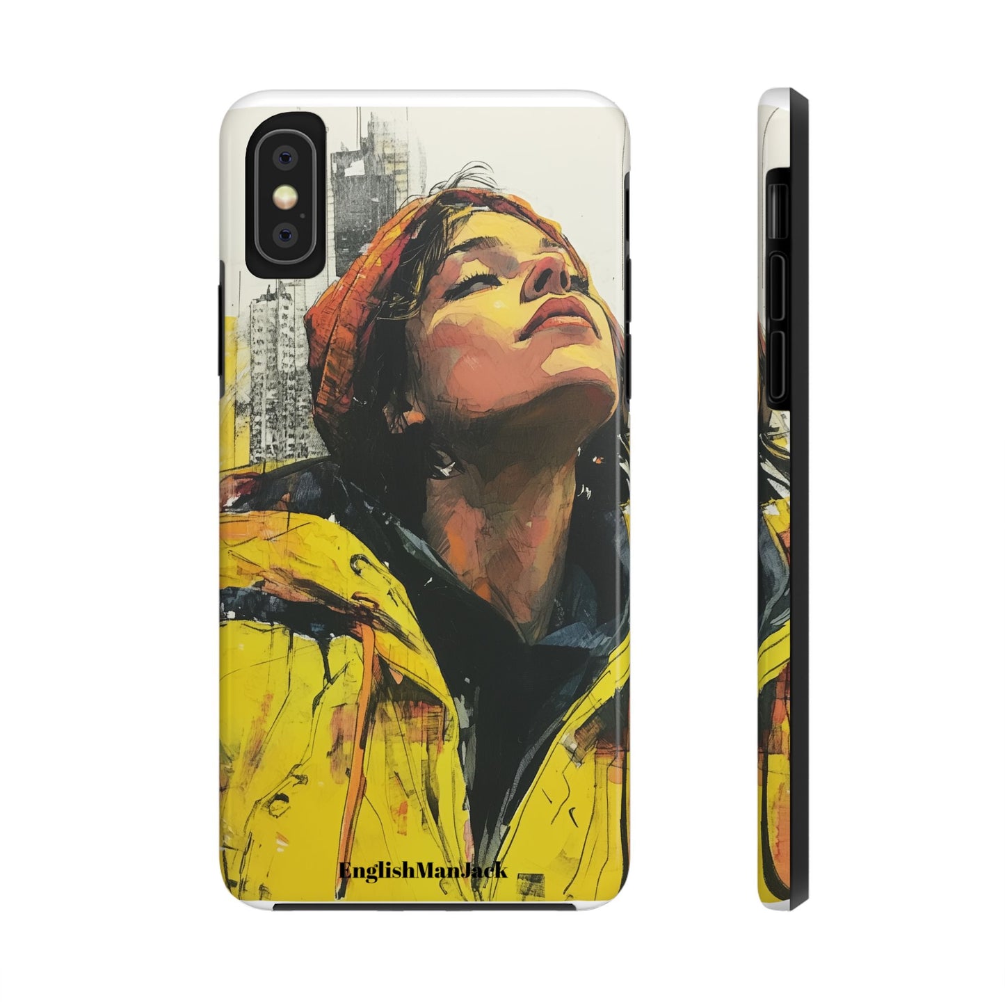 Urban style phone case young dreamer design perfect youth gift vibrant yellow jacket artistic city background inspirational street art cover modern urban explorer great for young adults trendy city life phone case emotional portrait cover