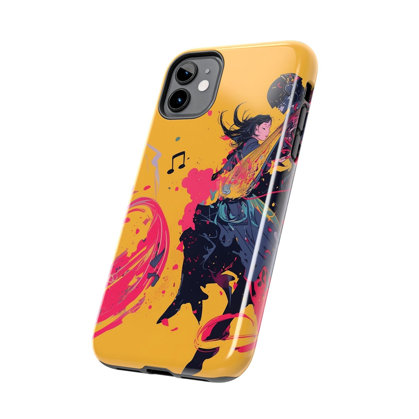 Japan designed music warrior phone case dynamic art perfect kids gift vivid yellow background cool splatter effects anime warrior vibrant musical notes colorful creative phone cover ideal for young music fans