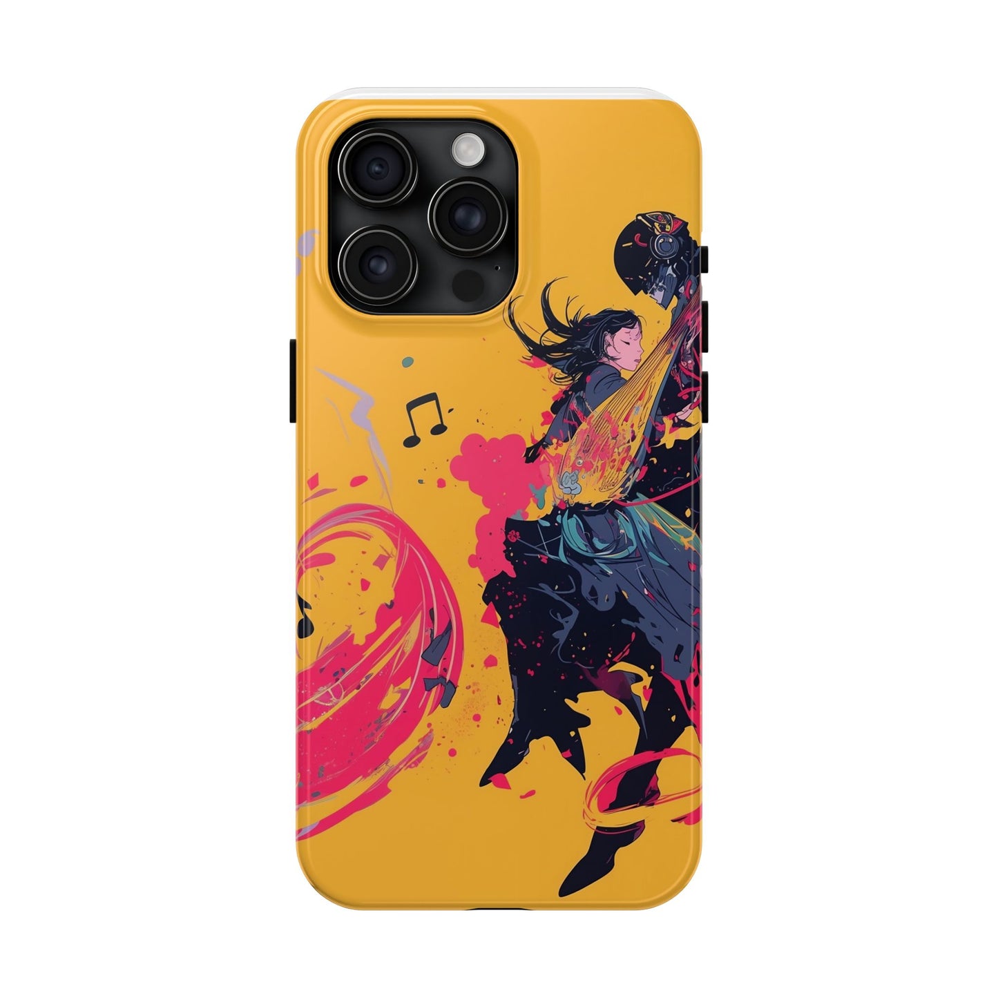 Japan designed music warrior phone case dynamic art perfect kids gift vivid yellow background cool splatter effects anime warrior vibrant musical notes colorful creative phone cover ideal for young music fans