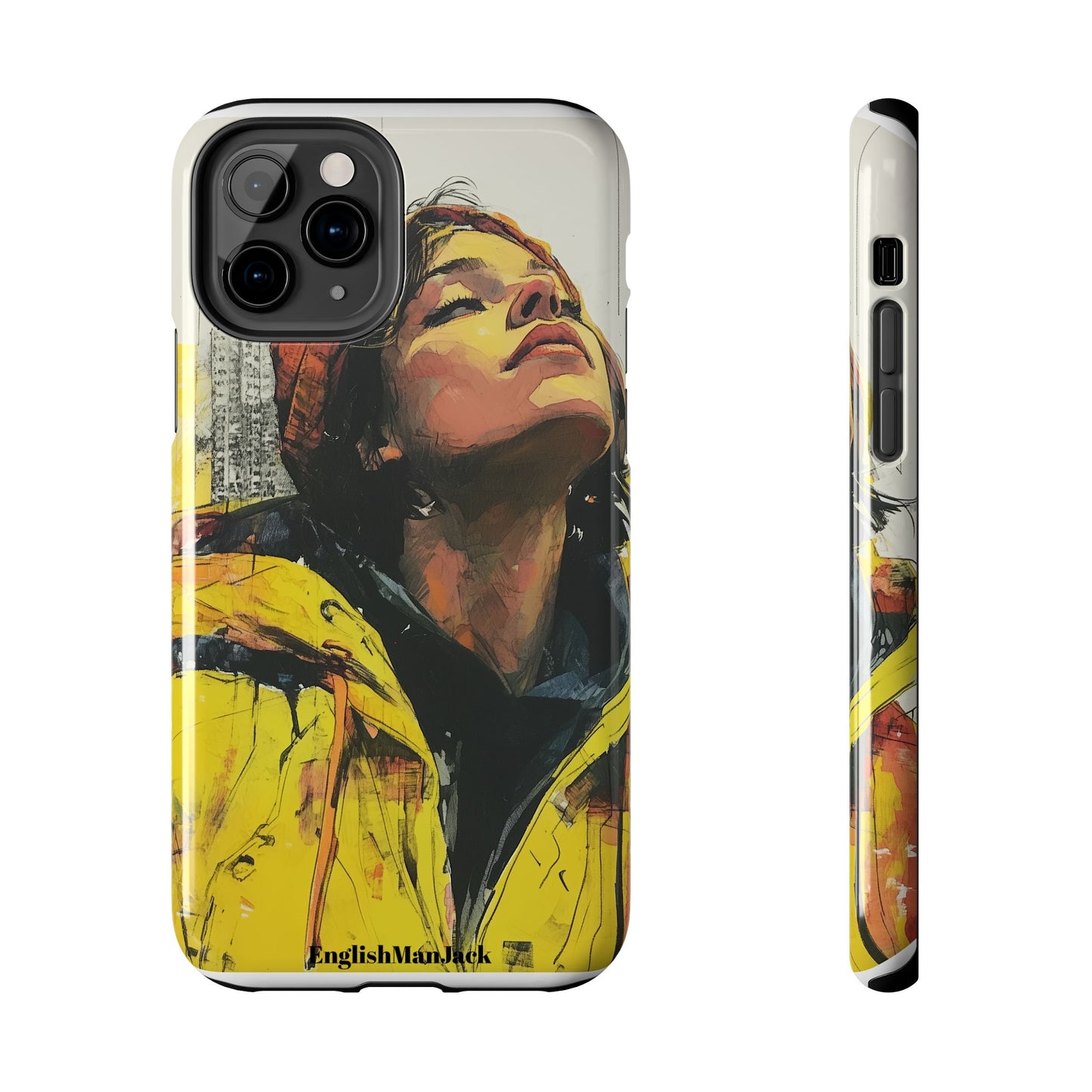 Urban style phone case young dreamer design perfect youth gift vibrant yellow jacket artistic city background inspirational street art cover modern urban explorer great for young adults trendy city life phone case emotional portrait cover