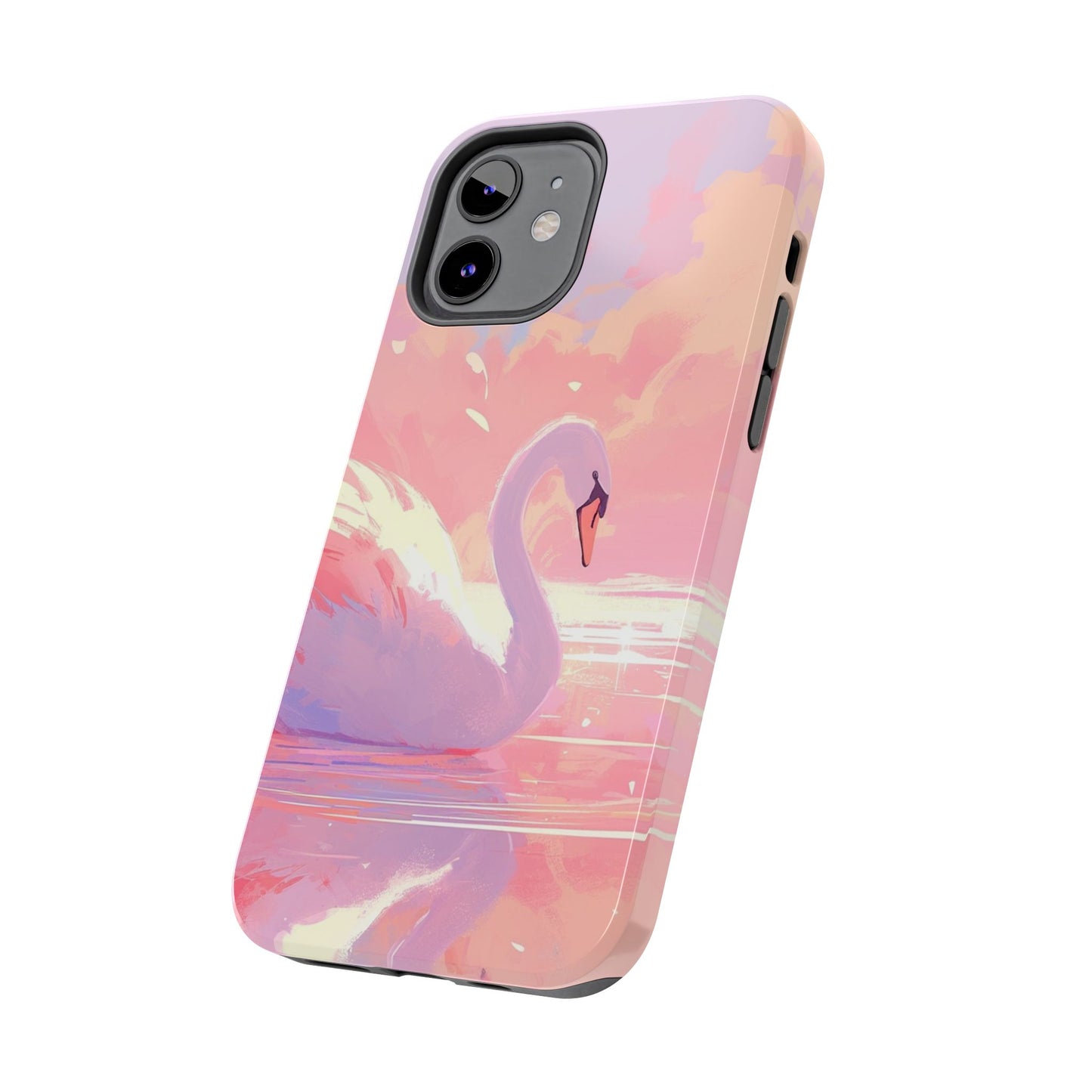 Swan lake phone case perfect kids gift pink swan art dreamy water scene cool animal cover vibrant easy fit colorful swan design smooth reflection unique protector peaceful lake image perfect children's gift vibrant art cover gift for kids easy phone case