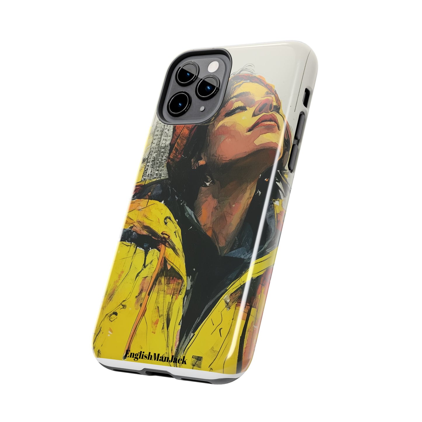 Urban style phone case young dreamer design perfect youth gift vibrant yellow jacket artistic city background inspirational street art cover modern urban explorer great for young adults trendy city life phone case emotional portrait cover