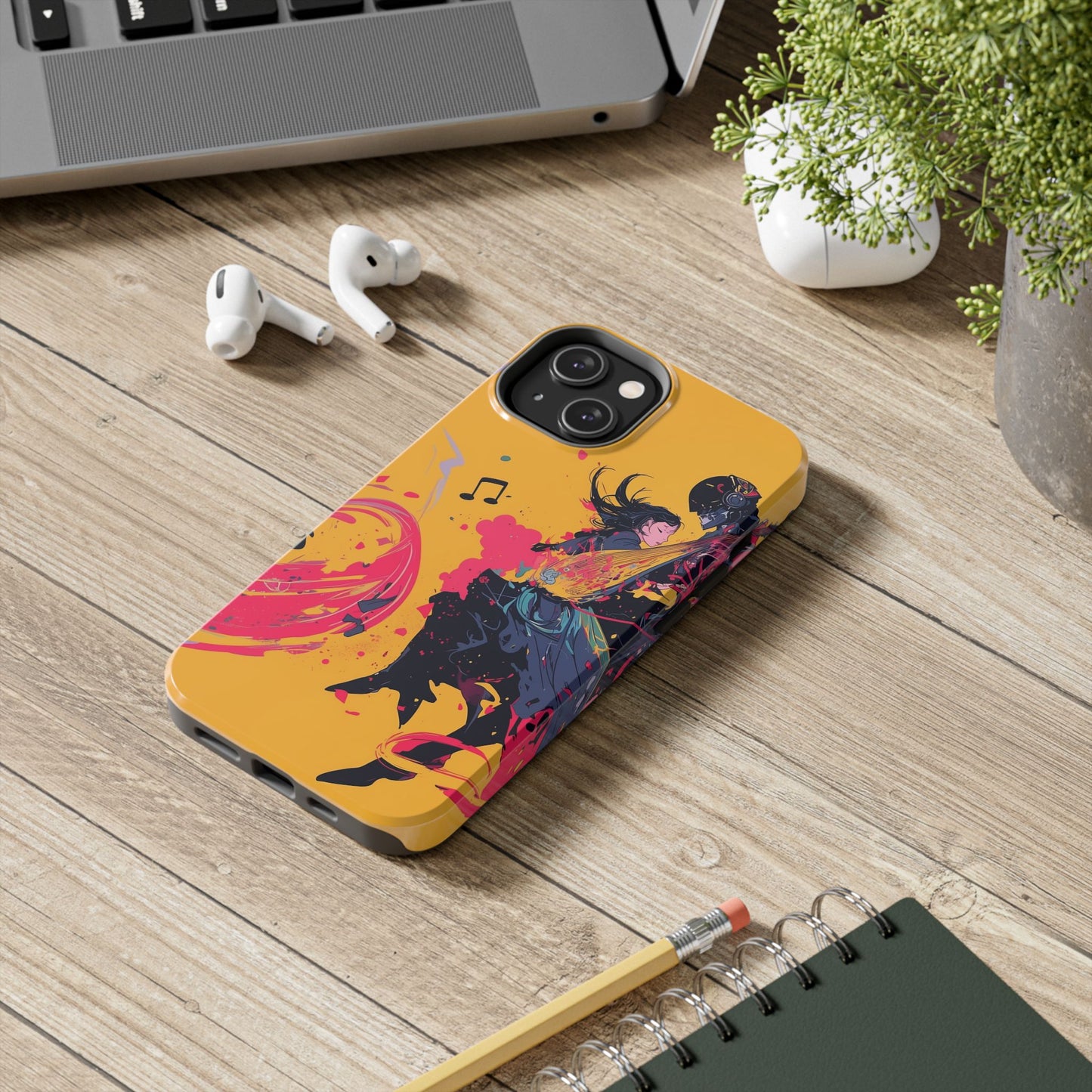 Japan designed music warrior phone case dynamic art perfect kids gift vivid yellow background cool splatter effects anime warrior vibrant musical notes colorful creative phone cover ideal for young music fans