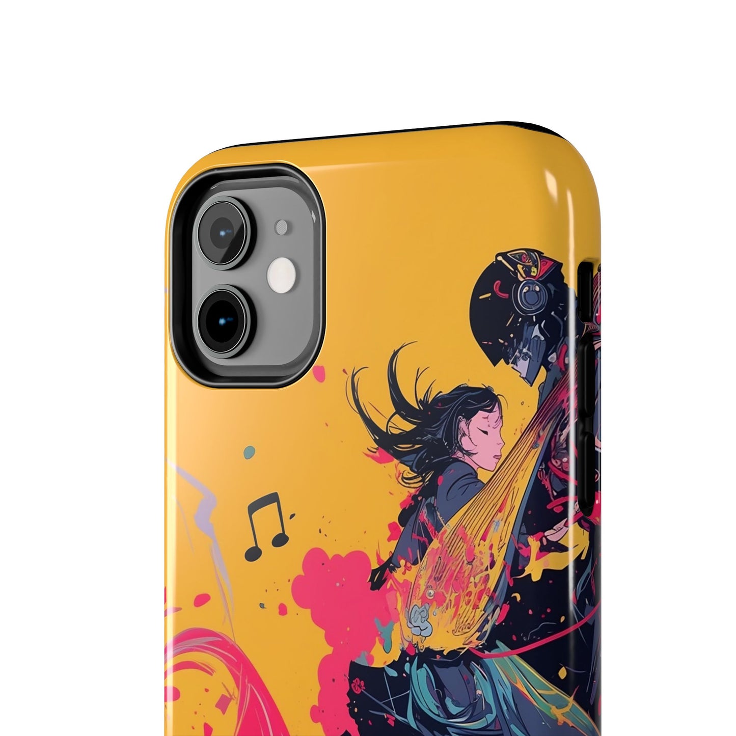 Japan designed music warrior phone case dynamic art perfect kids gift vivid yellow background cool splatter effects anime warrior vibrant musical notes colorful creative phone cover ideal for young music fans