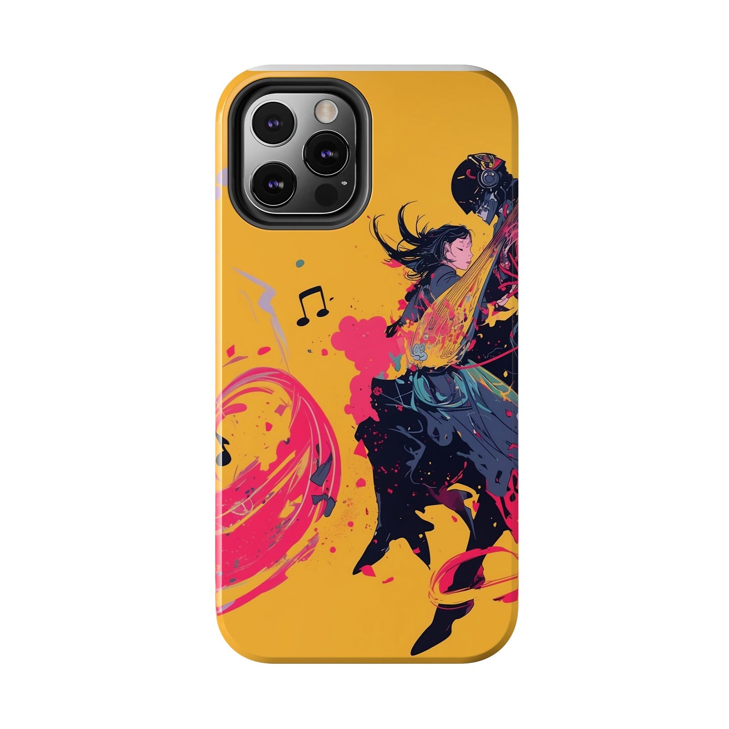 Japan designed music warrior phone case dynamic art perfect kids gift vivid yellow background cool splatter effects anime warrior vibrant musical notes colorful creative phone cover ideal for young music fans