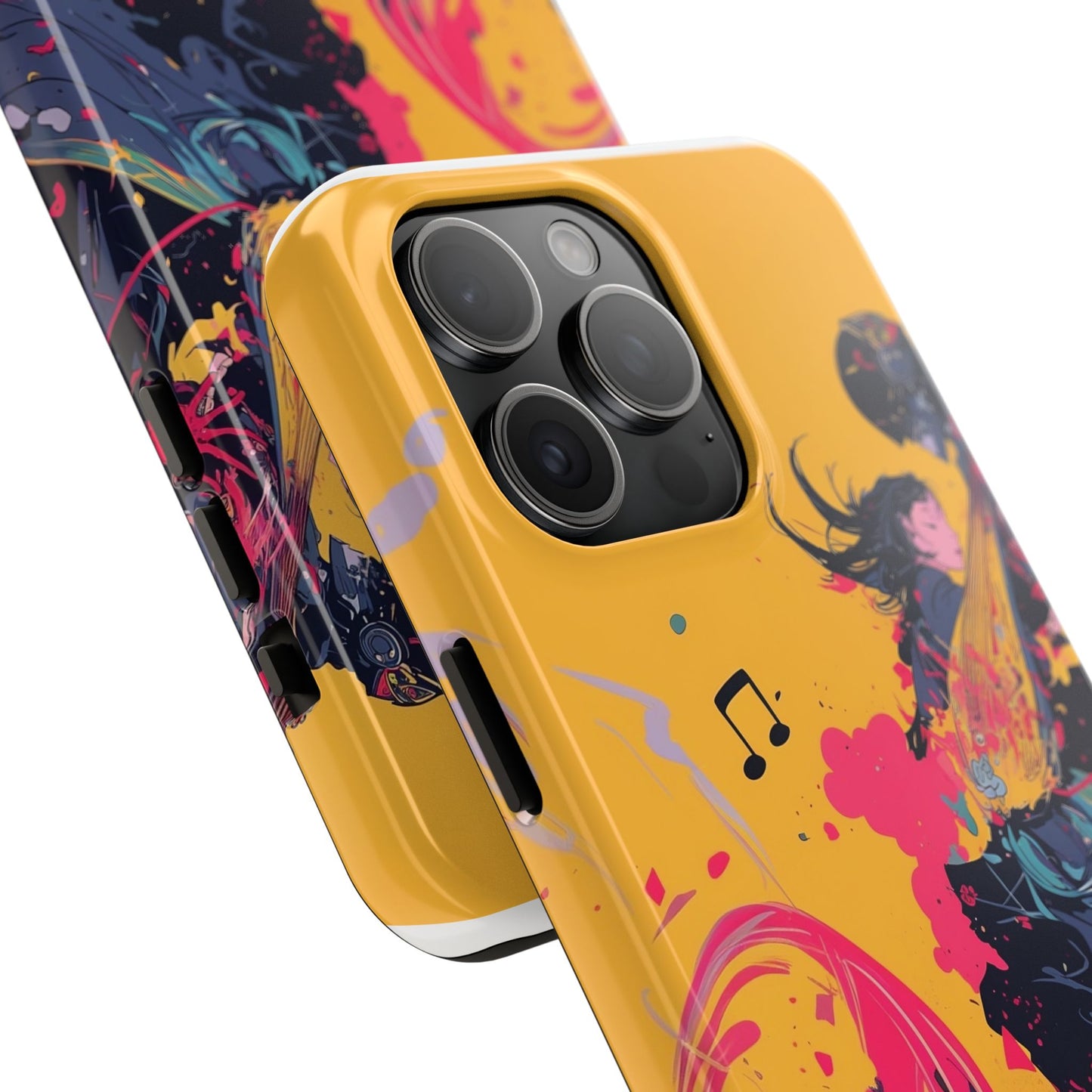 Japan designed music warrior phone case dynamic art perfect kids gift vivid yellow background cool splatter effects anime warrior vibrant musical notes colorful creative phone cover ideal for young music fans