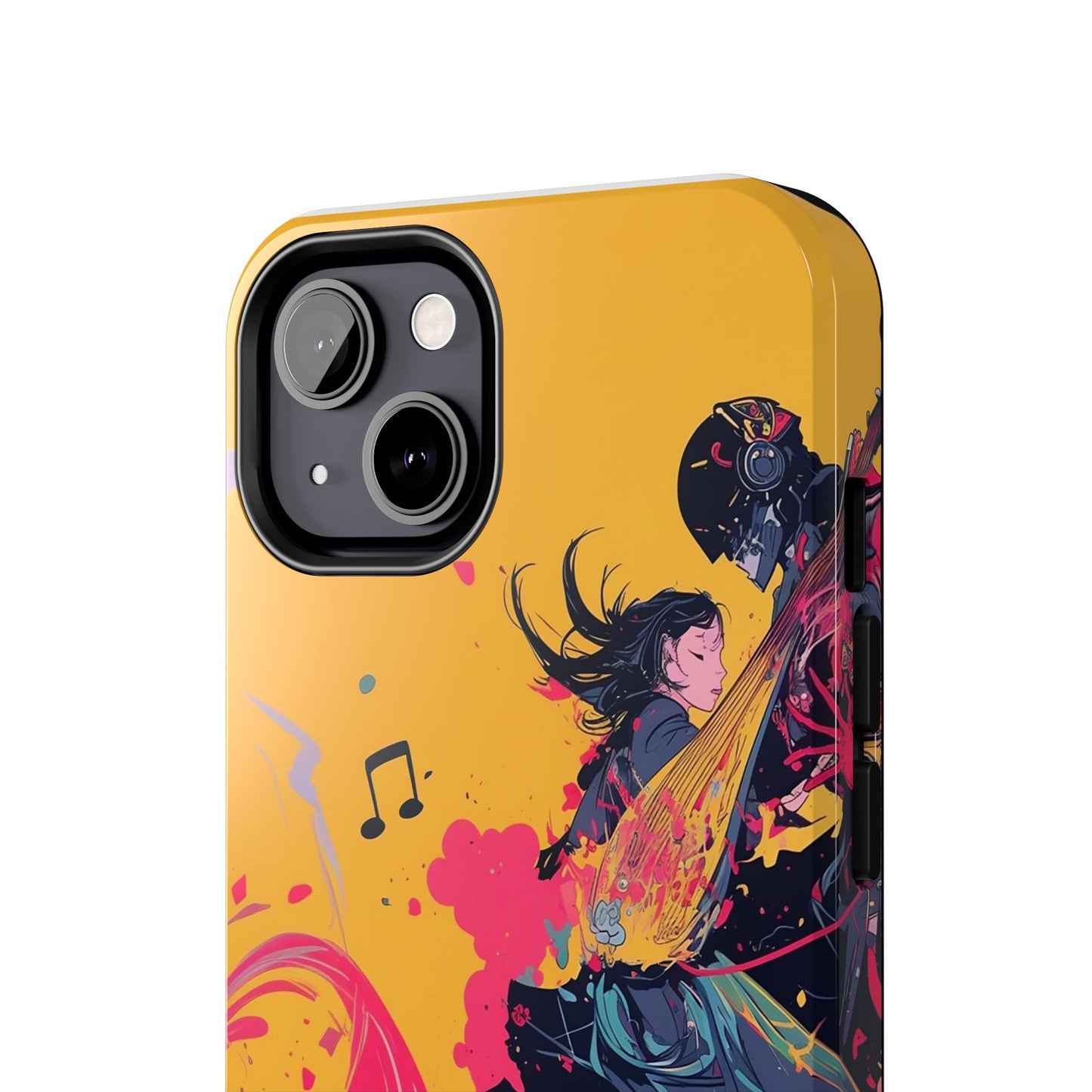 Japan designed music warrior phone case dynamic art perfect kids gift vivid yellow background cool splatter effects anime warrior vibrant musical notes colorful creative phone cover ideal for young music fans