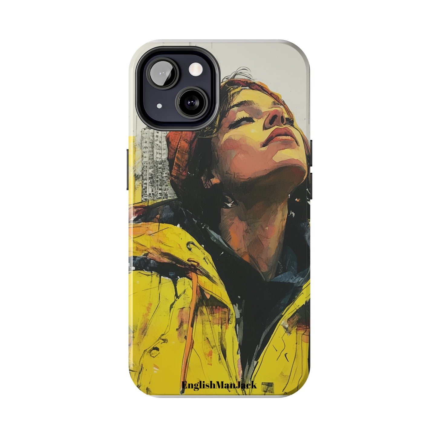 Urban style phone case young dreamer design perfect youth gift vibrant yellow jacket artistic city background inspirational street art cover modern urban explorer great for young adults trendy city life phone case emotional portrait cover