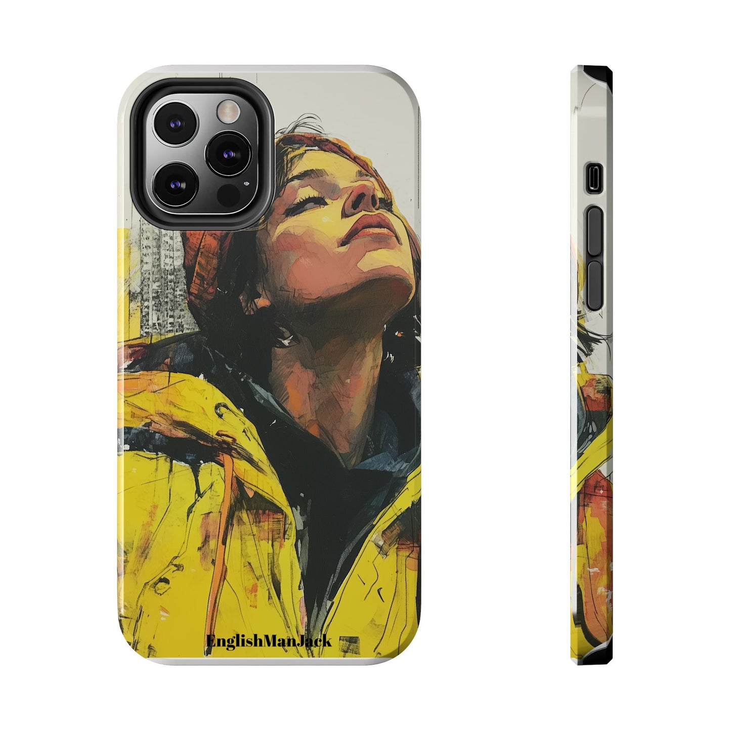 Urban style phone case young dreamer design perfect youth gift vibrant yellow jacket artistic city background inspirational street art cover modern urban explorer great for young adults trendy city life phone case emotional portrait cover