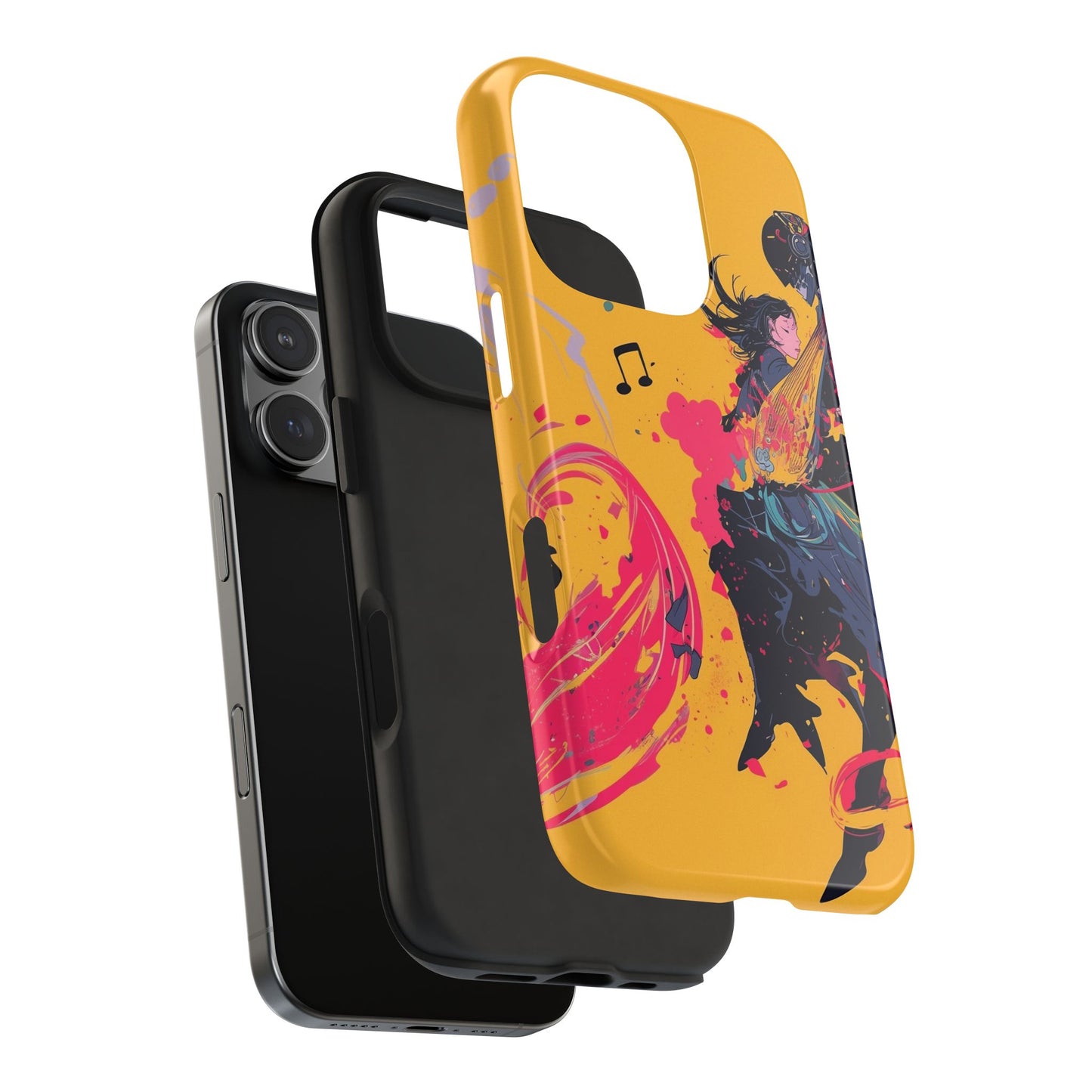 Japan designed music warrior phone case dynamic art perfect kids gift vivid yellow background cool splatter effects anime warrior vibrant musical notes colorful creative phone cover ideal for young music fans