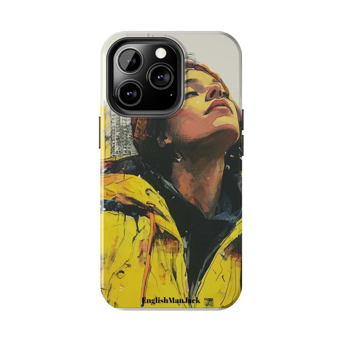 Urban style phone case young dreamer design perfect youth gift vibrant yellow jacket artistic city background inspirational street art cover modern urban explorer great for young adults trendy city life phone case emotional portrait cover