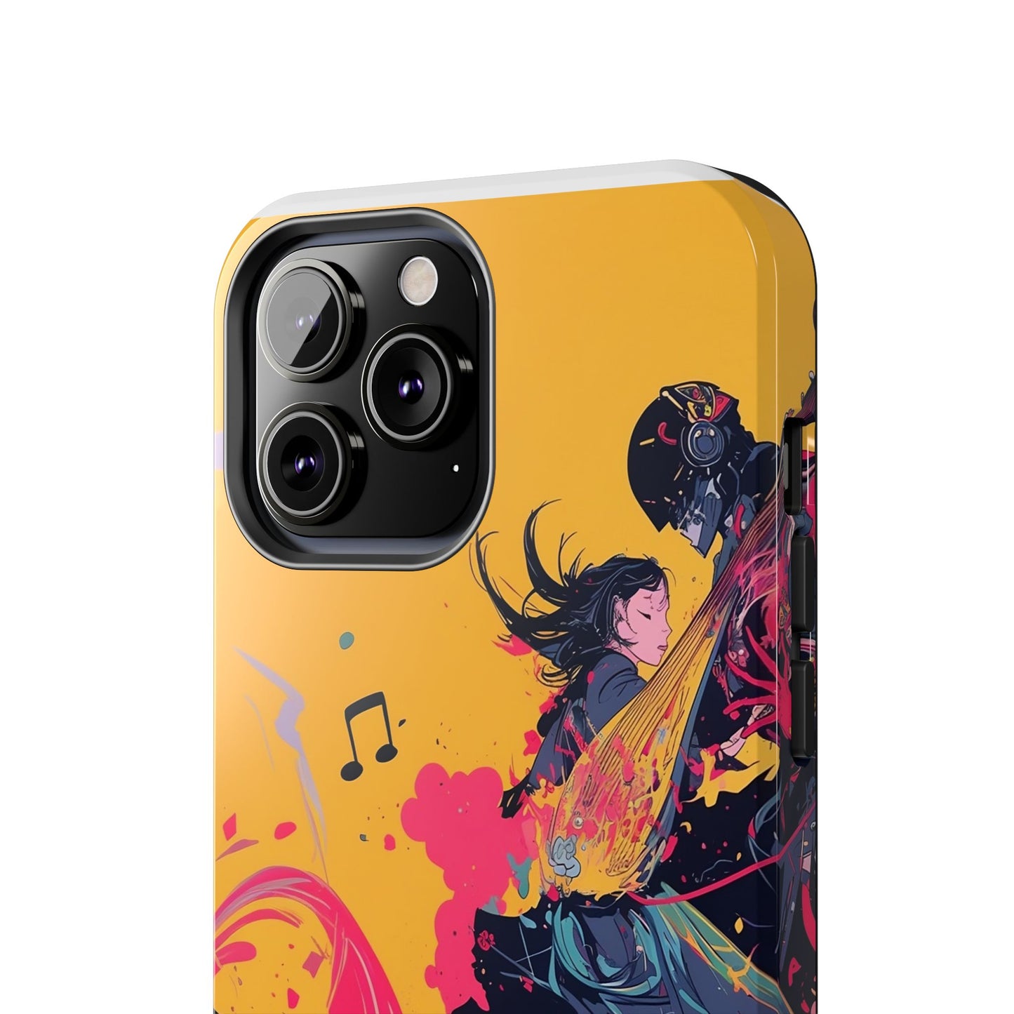 Japan designed music warrior phone case dynamic art perfect kids gift vivid yellow background cool splatter effects anime warrior vibrant musical notes colorful creative phone cover ideal for young music fans