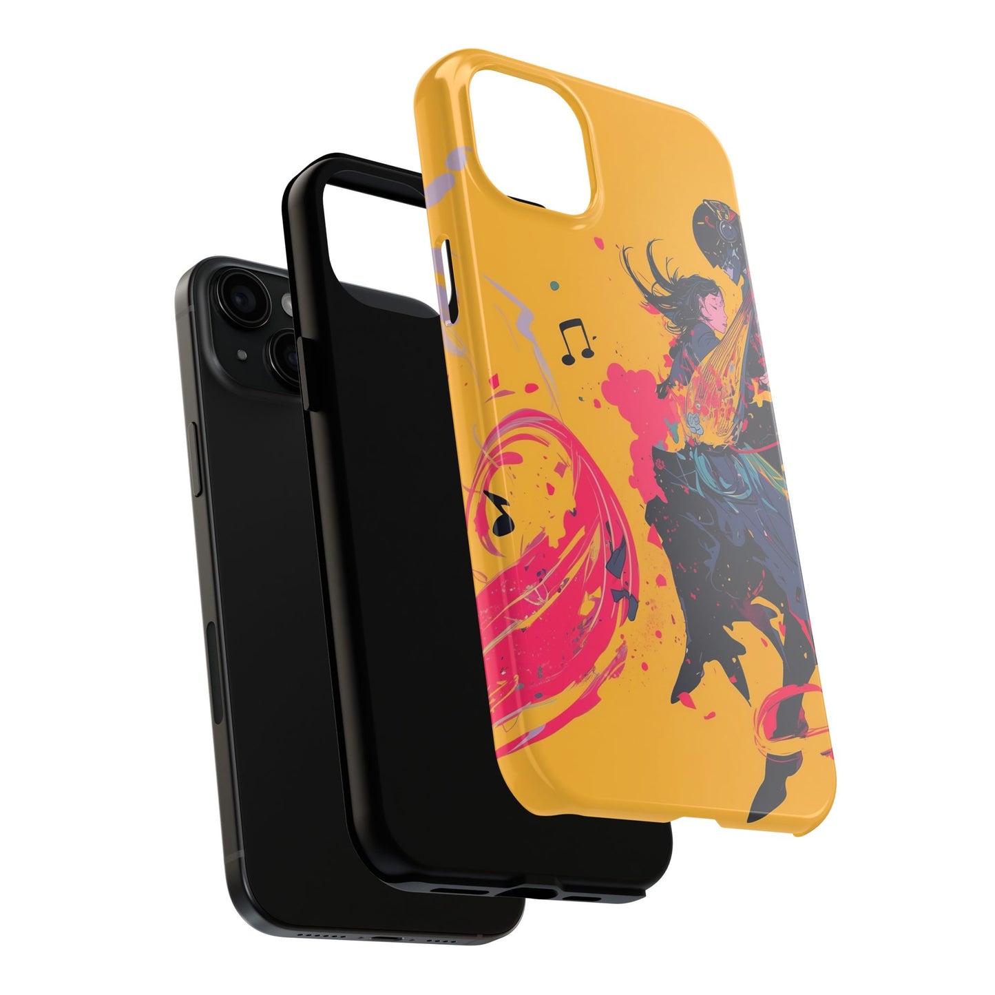 Japan designed music warrior phone case dynamic art perfect kids gift vivid yellow background cool splatter effects anime warrior vibrant musical notes colorful creative phone cover ideal for young music fans