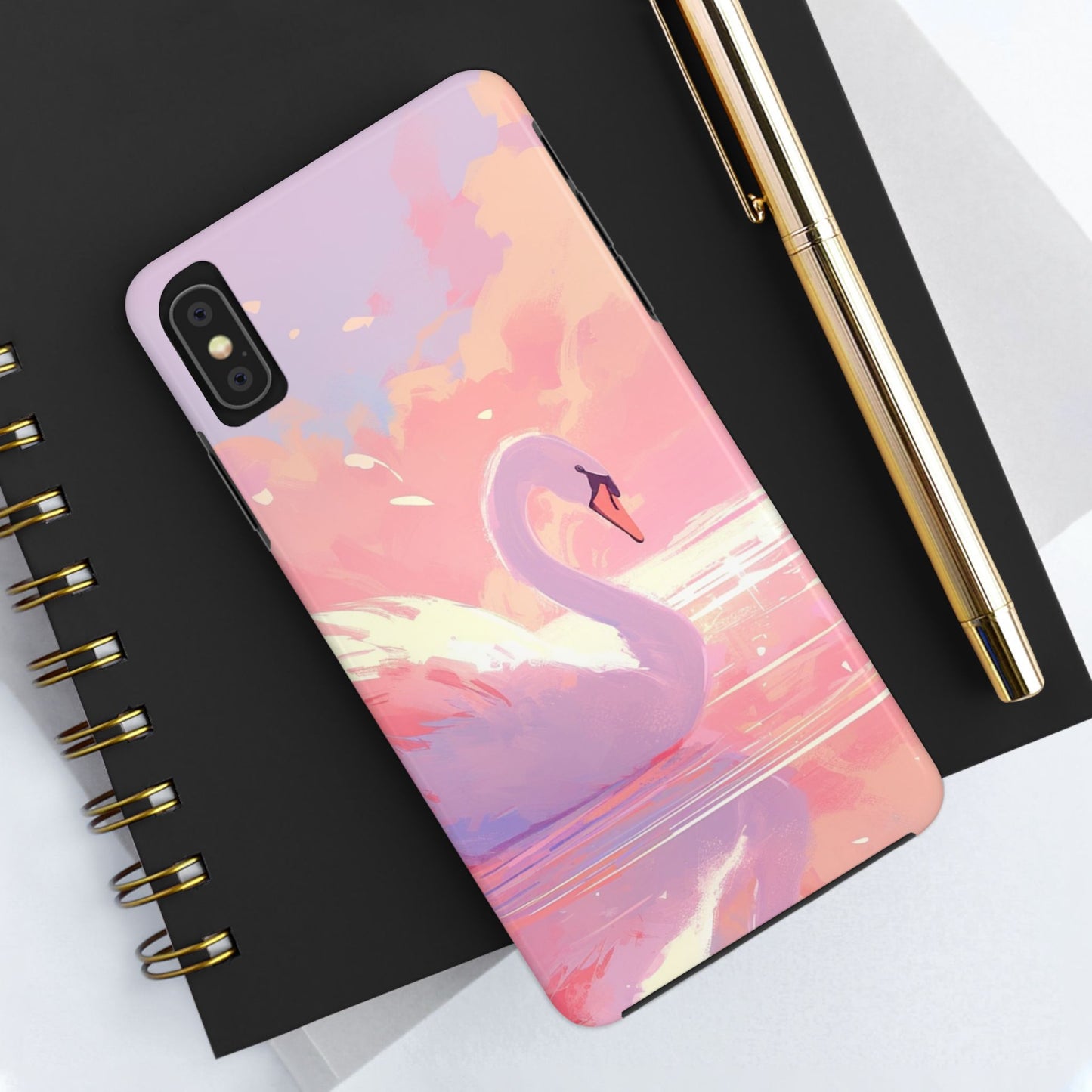 Swan lake phone case perfect kids gift pink swan art dreamy water scene cool animal cover vibrant easy fit colorful swan design smooth reflection unique protector peaceful lake image perfect children's gift vibrant art cover gift for kids easy phone case