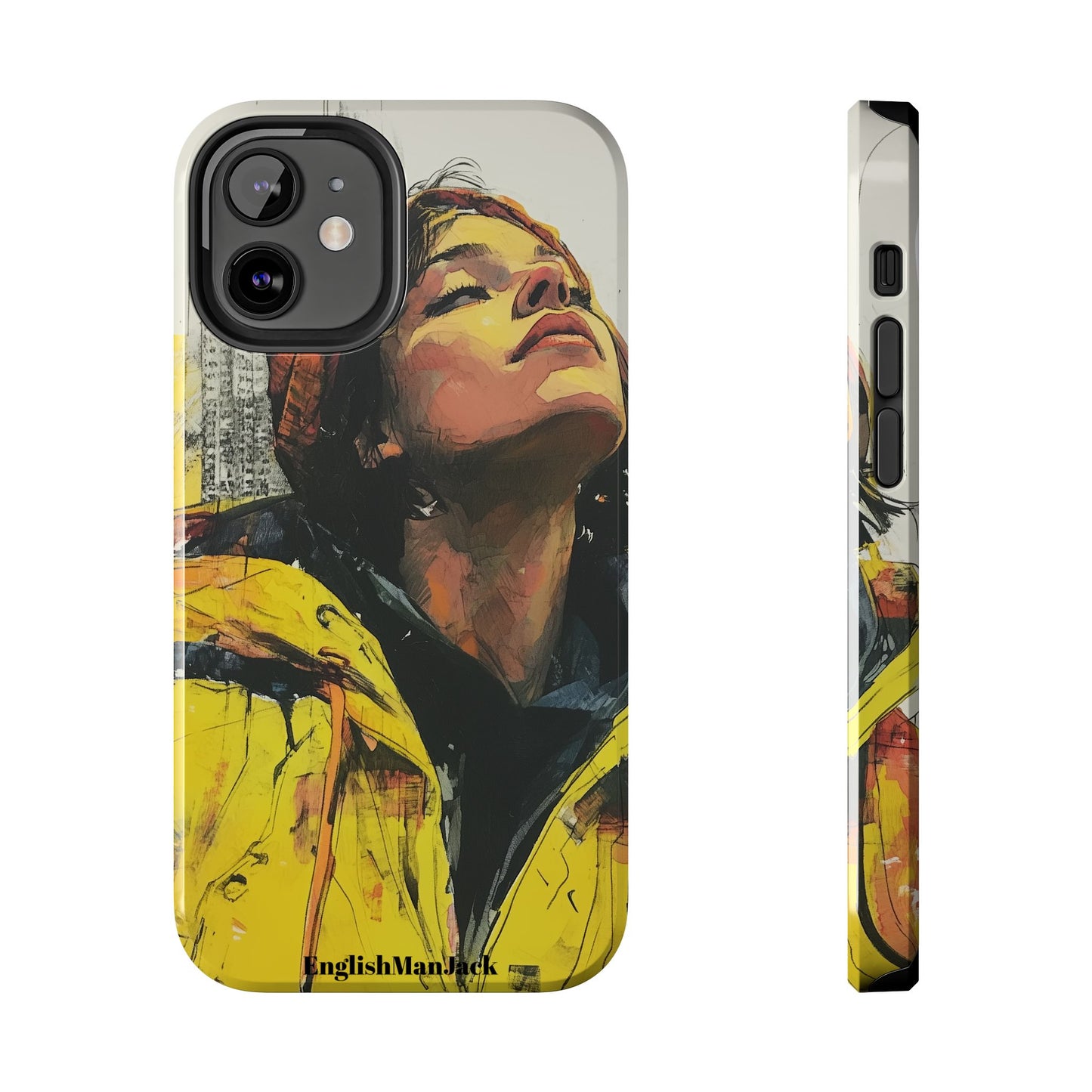 Urban style phone case young dreamer design perfect youth gift vibrant yellow jacket artistic city background inspirational street art cover modern urban explorer great for young adults trendy city life phone case emotional portrait cover