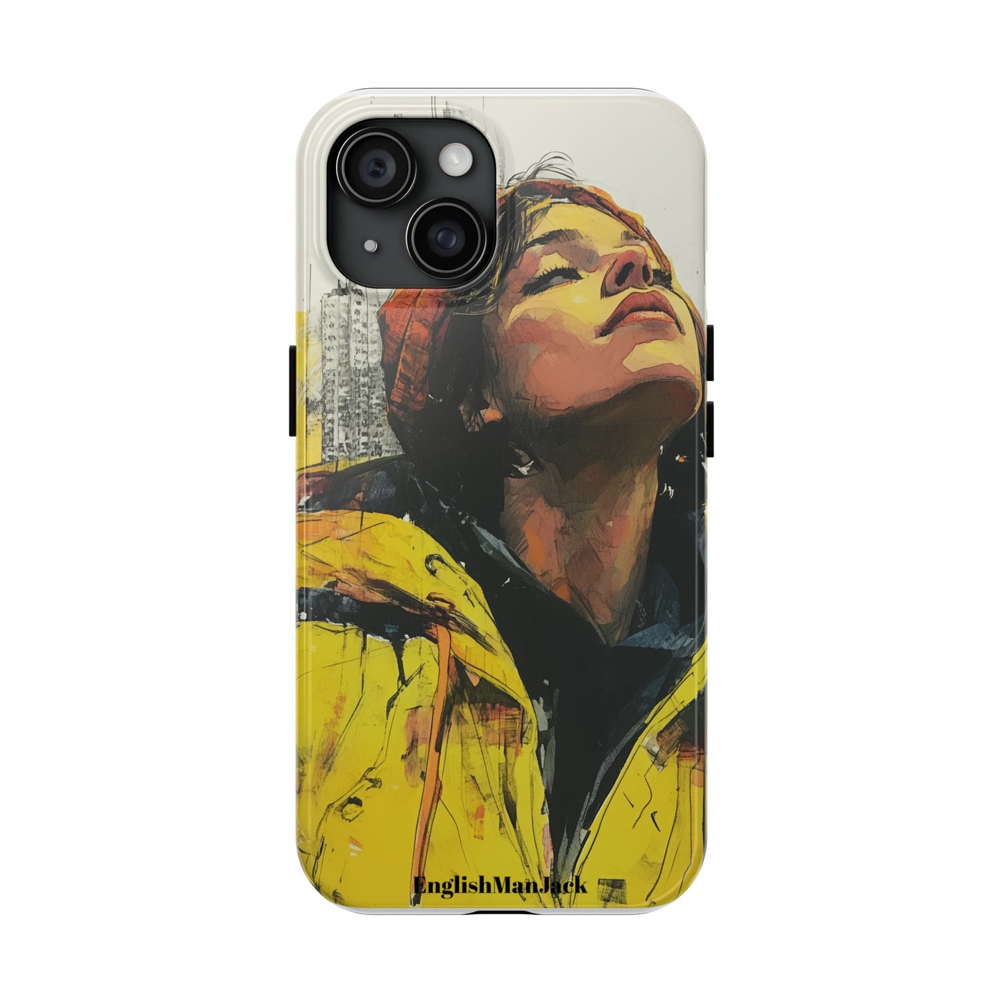 Urban style phone case young dreamer design perfect youth gift vibrant yellow jacket artistic city background inspirational street art cover modern urban explorer great for young adults trendy city life phone case emotional portrait cover