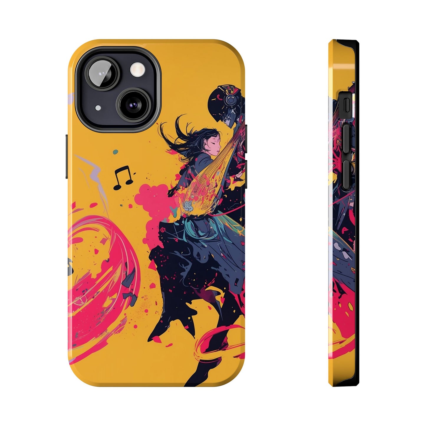 Japan designed music warrior phone case dynamic art perfect kids gift vivid yellow background cool splatter effects anime warrior vibrant musical notes colorful creative phone cover ideal for young music fans