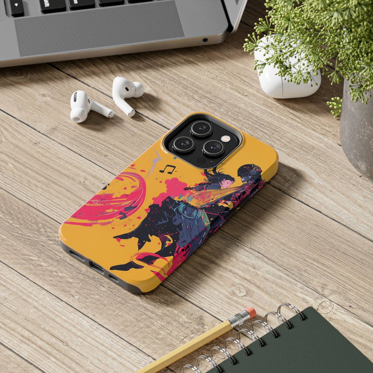 Japan designed music warrior phone case dynamic art perfect kids gift vivid yellow background cool splatter effects anime warrior vibrant musical notes colorful creative phone cover ideal for young music fans