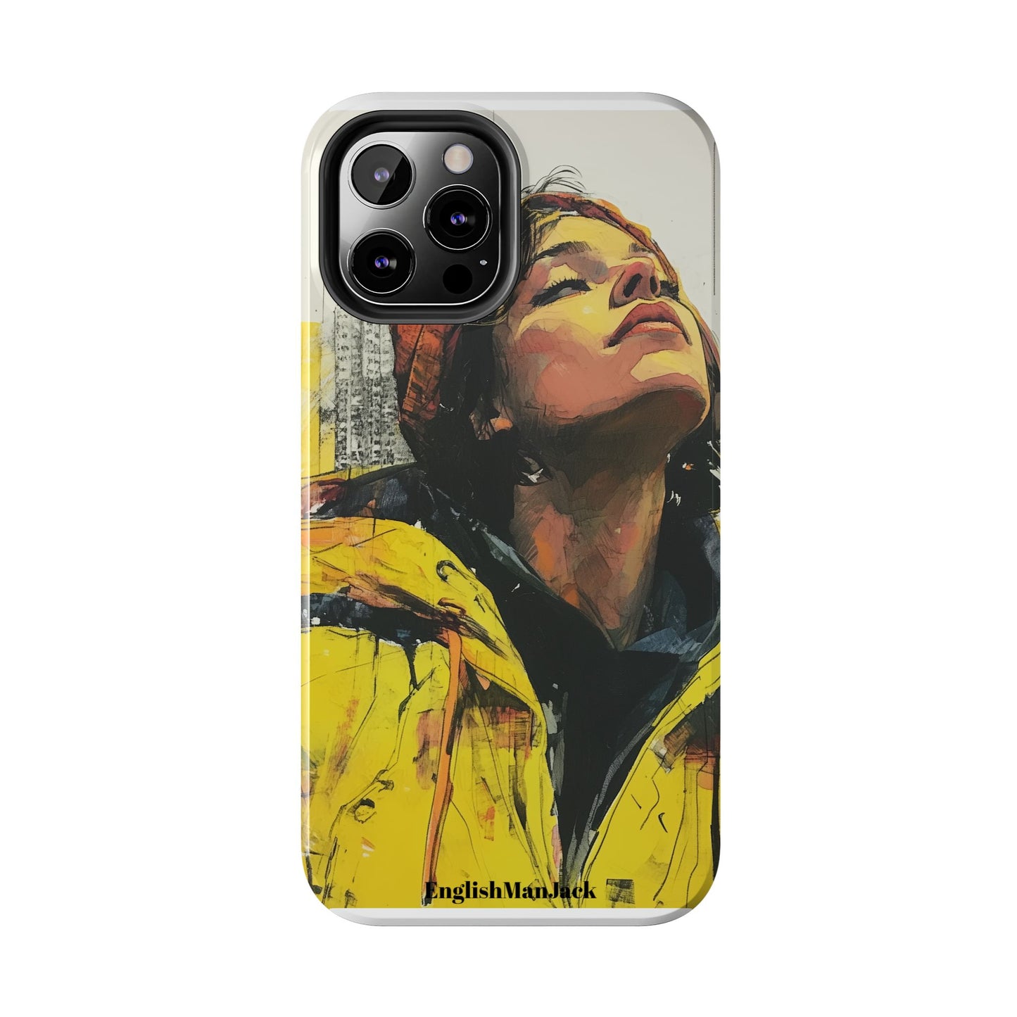 Urban style phone case young dreamer design perfect youth gift vibrant yellow jacket artistic city background inspirational street art cover modern urban explorer great for young adults trendy city life phone case emotional portrait cover