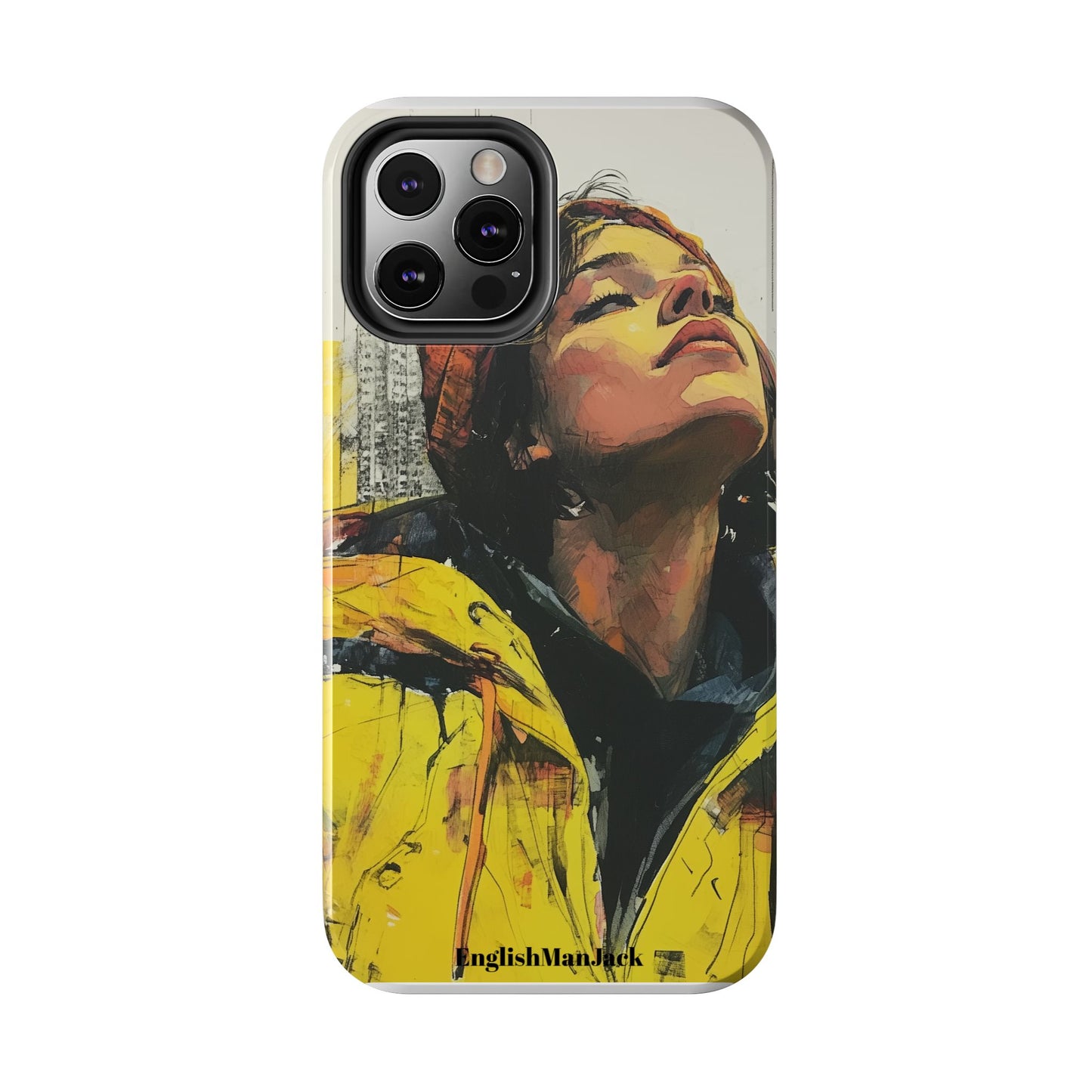 Urban style phone case young dreamer design perfect youth gift vibrant yellow jacket artistic city background inspirational street art cover modern urban explorer great for young adults trendy city life phone case emotional portrait cover