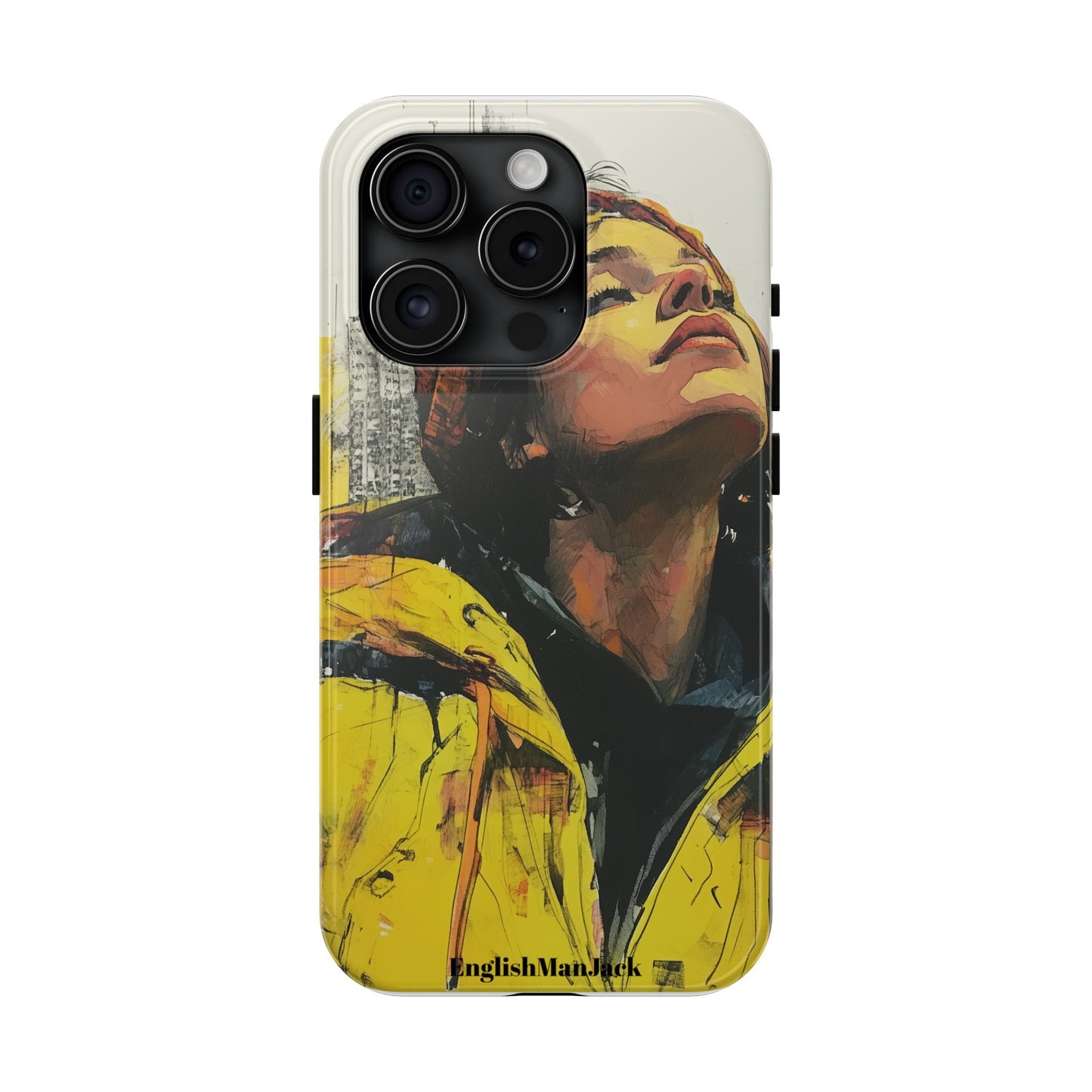 Urban style phone case young dreamer design perfect youth gift vibrant yellow jacket artistic city background inspirational street art cover modern urban explorer great for young adults trendy city life phone case emotional portrait cover