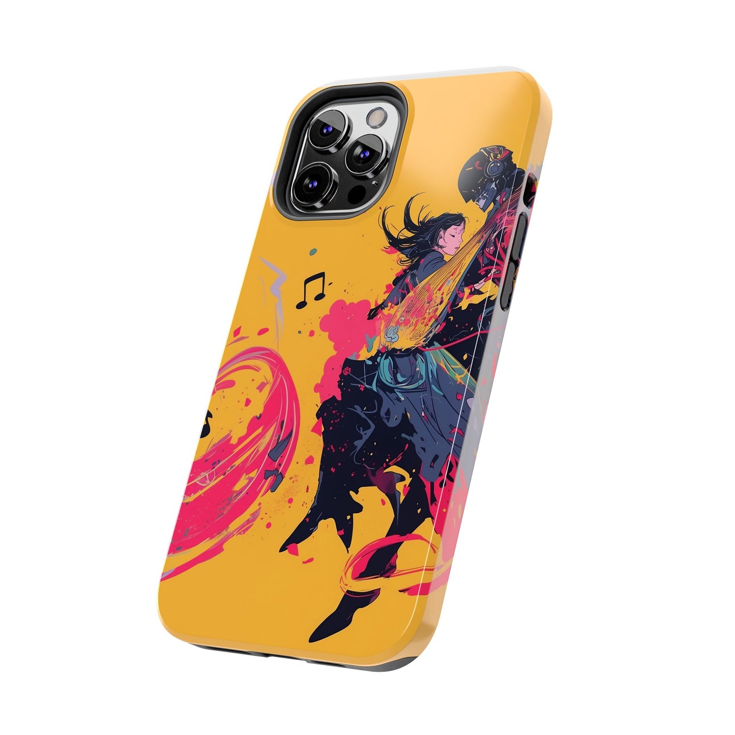 Japan designed music warrior phone case dynamic art perfect kids gift vivid yellow background cool splatter effects anime warrior vibrant musical notes colorful creative phone cover ideal for young music fans