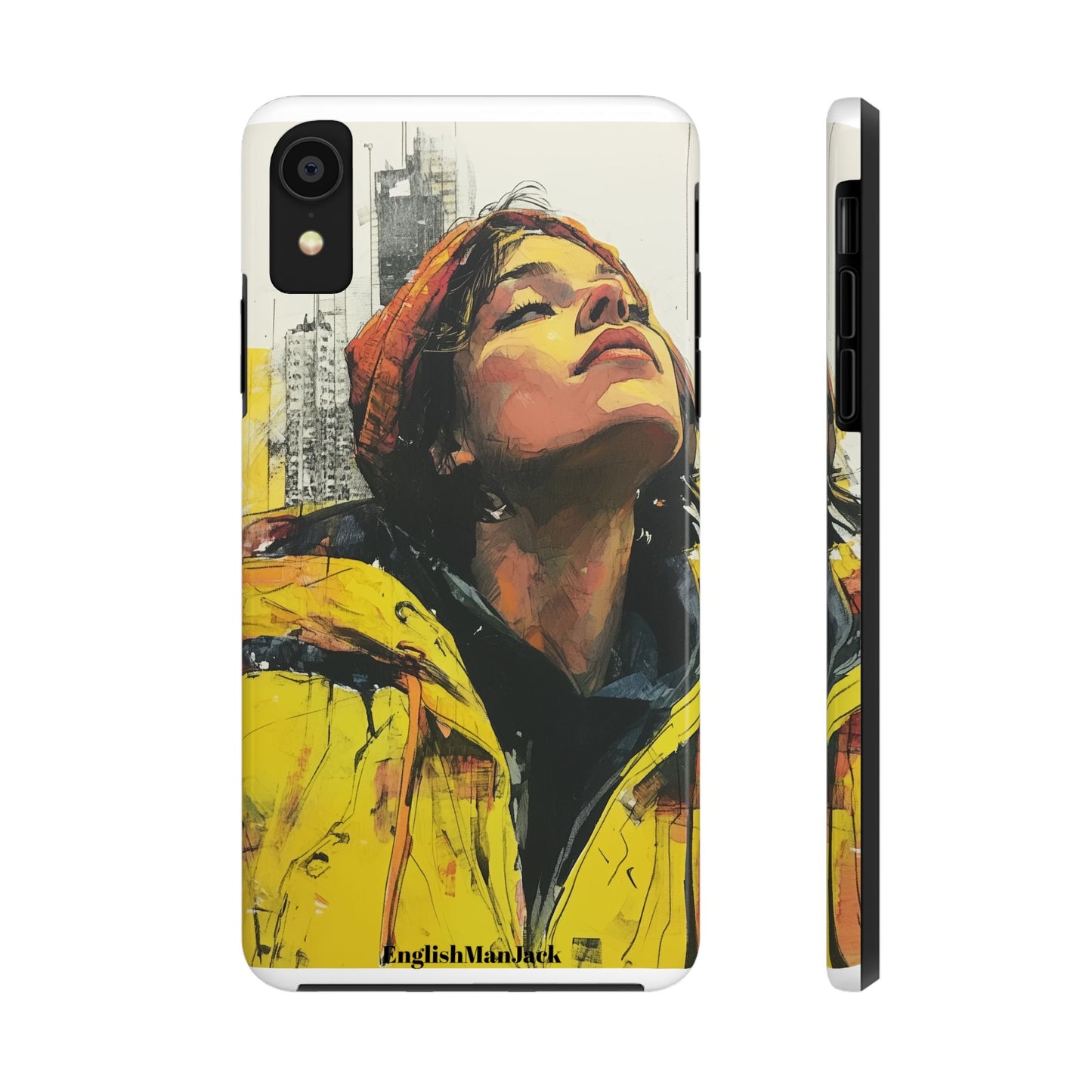 Urban style phone case young dreamer design perfect youth gift vibrant yellow jacket artistic city background inspirational street art cover modern urban explorer great for young adults trendy city life phone case emotional portrait cover