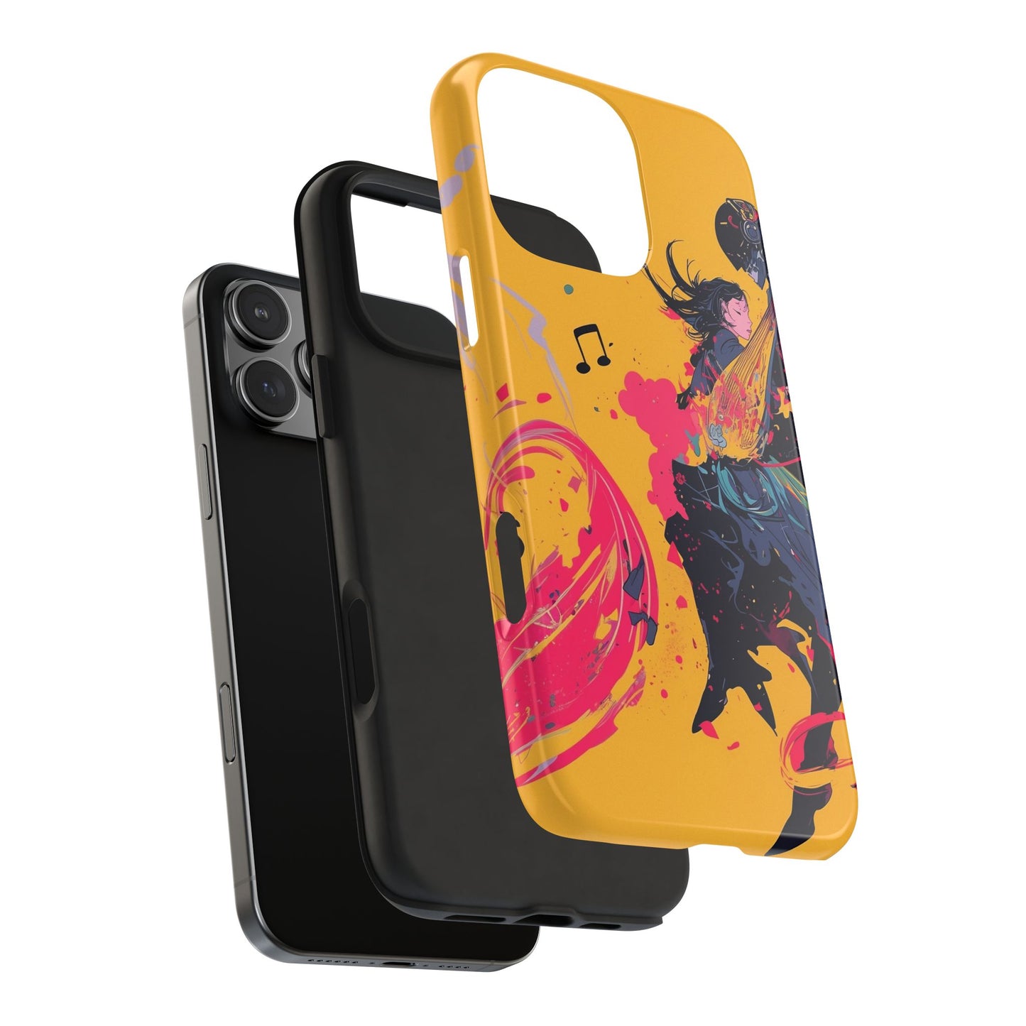 Japan designed music warrior phone case dynamic art perfect kids gift vivid yellow background cool splatter effects anime warrior vibrant musical notes colorful creative phone cover ideal for young music fans