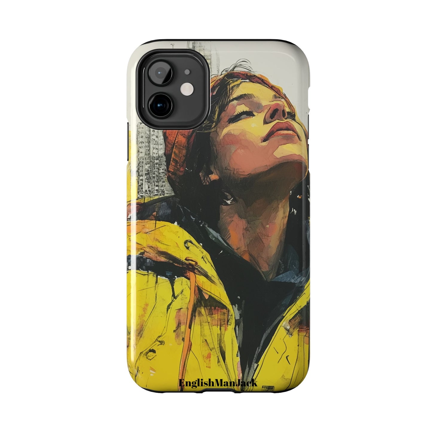 Urban style phone case young dreamer design perfect youth gift vibrant yellow jacket artistic city background inspirational street art cover modern urban explorer great for young adults trendy city life phone case emotional portrait cover