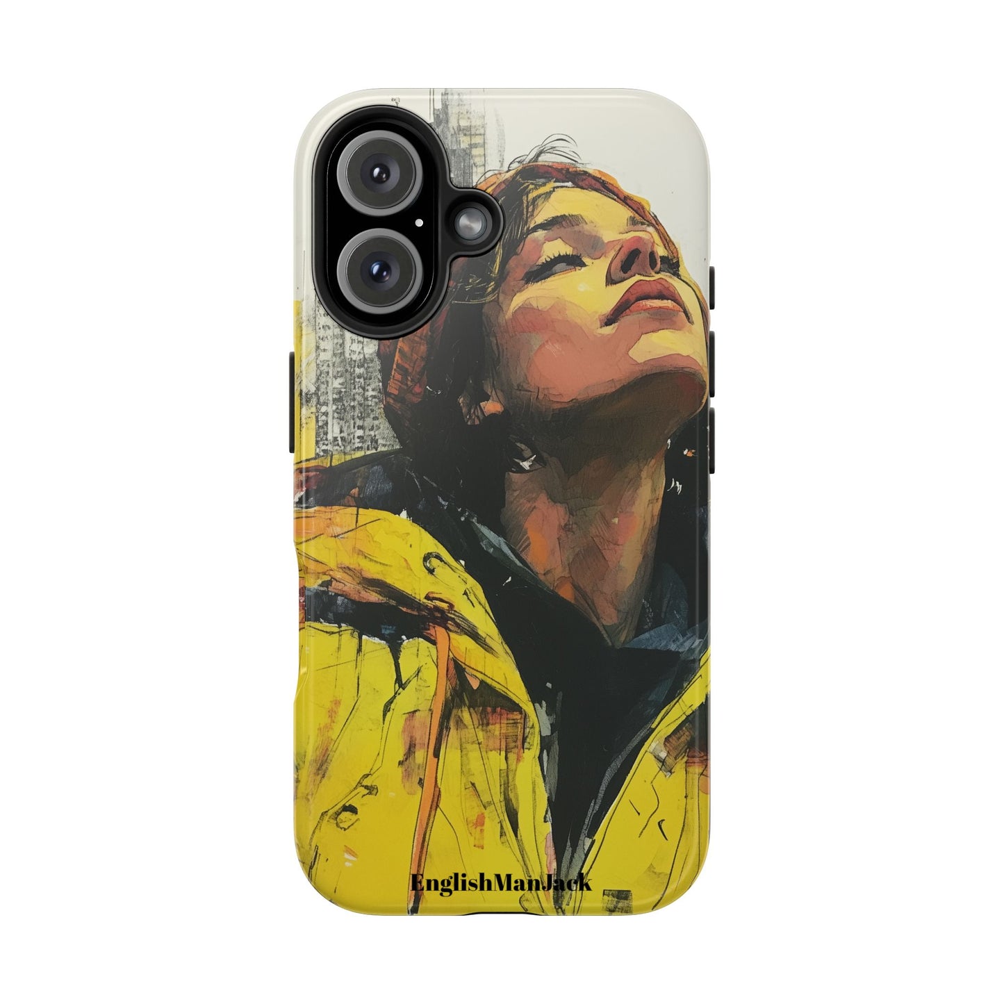 Urban style phone case young dreamer design perfect youth gift vibrant yellow jacket artistic city background inspirational street art cover modern urban explorer great for young adults trendy city life phone case emotional portrait cover