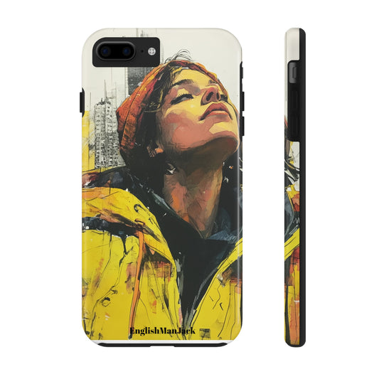 Urban style phone case young dreamer design perfect youth gift vibrant yellow jacket artistic city background inspirational street art cover modern urban explorer great for young adults trendy city life phone case emotional portrait cover