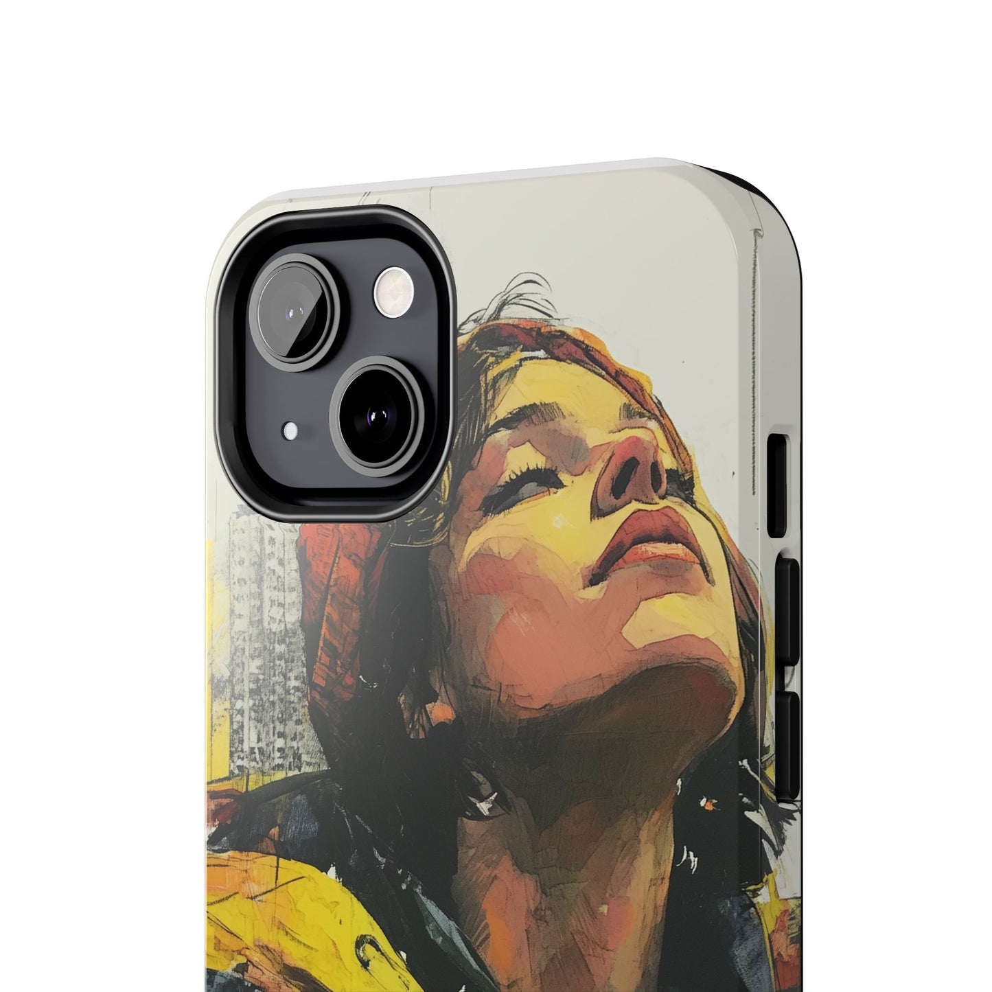 Urban style phone case young dreamer design perfect youth gift vibrant yellow jacket artistic city background inspirational street art cover modern urban explorer great for young adults trendy city life phone case emotional portrait cover