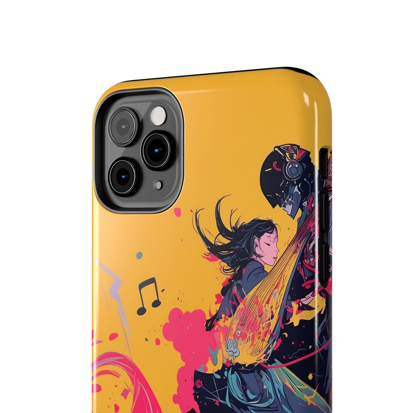 Japan designed music warrior phone case dynamic art perfect kids gift vivid yellow background cool splatter effects anime warrior vibrant musical notes colorful creative phone cover ideal for young music fans