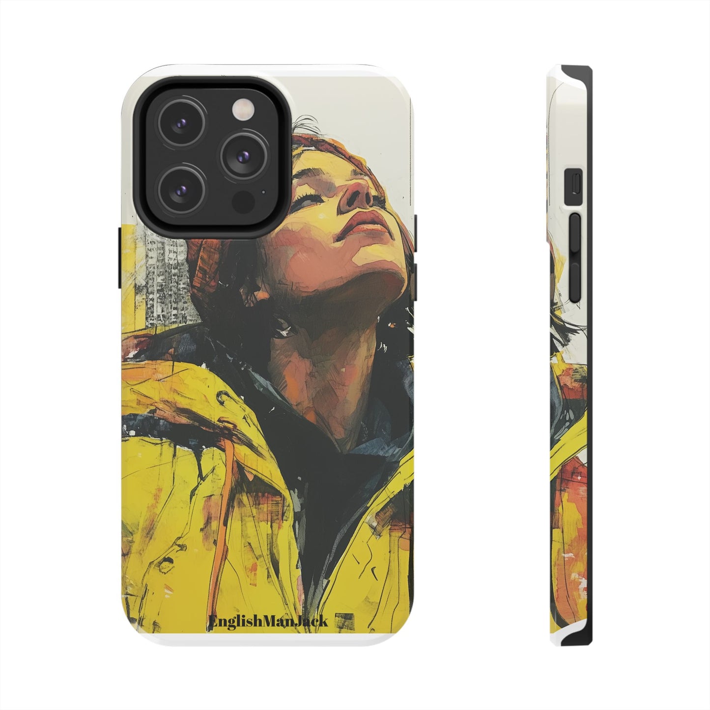 Urban style phone case young dreamer design perfect youth gift vibrant yellow jacket artistic city background inspirational street art cover modern urban explorer great for young adults trendy city life phone case emotional portrait cover