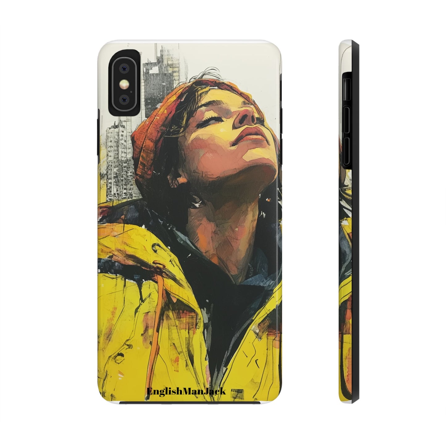 Urban style phone case young dreamer design perfect youth gift vibrant yellow jacket artistic city background inspirational street art cover modern urban explorer great for young adults trendy city life phone case emotional portrait cover