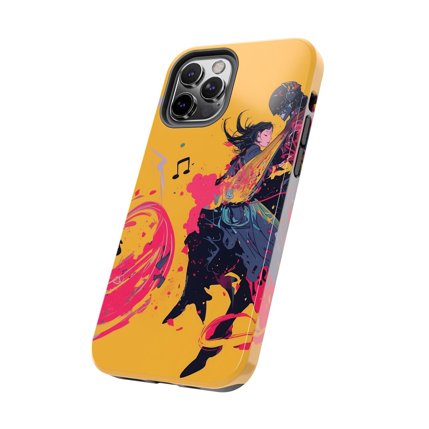 Japan designed music warrior phone case dynamic art perfect kids gift vivid yellow background cool splatter effects anime warrior vibrant musical notes colorful creative phone cover ideal for young music fans