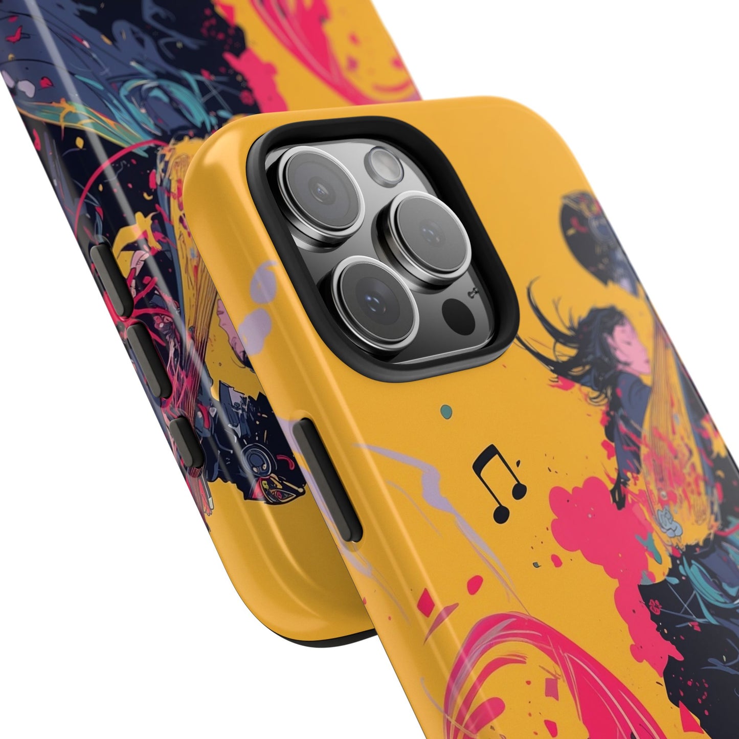 Japan designed music warrior phone case dynamic art perfect kids gift vivid yellow background cool splatter effects anime warrior vibrant musical notes colorful creative phone cover ideal for young music fans