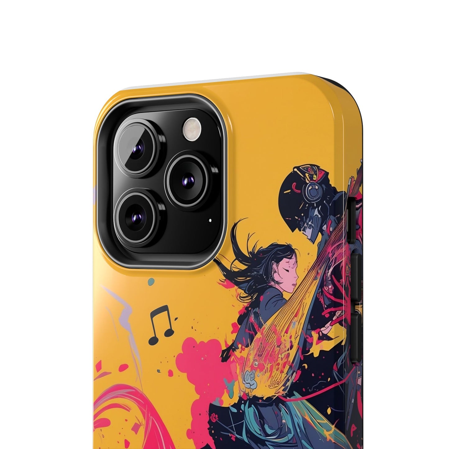 Japan designed music warrior phone case dynamic art perfect kids gift vivid yellow background cool splatter effects anime warrior vibrant musical notes colorful creative phone cover ideal for young music fans