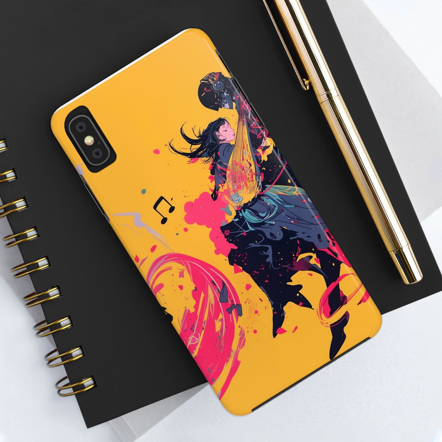 Japan designed music warrior phone case dynamic art perfect kids gift vivid yellow background cool splatter effects anime warrior vibrant musical notes colorful creative phone cover ideal for young music fans